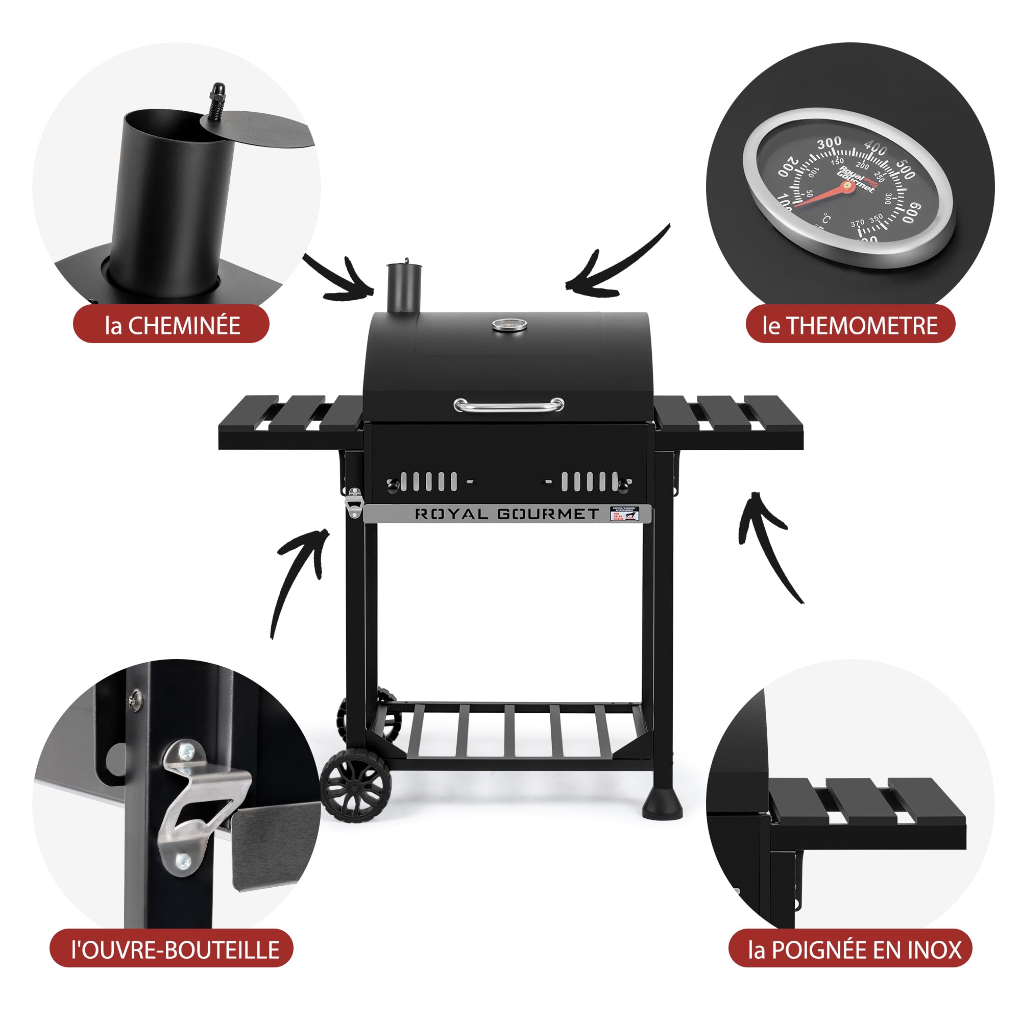 Royal Gourmet Barbecue à Charbon de Bois, Grill à Charbon sur Chariot avec Tablettes Pliables, Couvercle, Thermomètre, Surface Cuisson 56,5 x 42,2 cm pour Jardin, Camping, Noir
