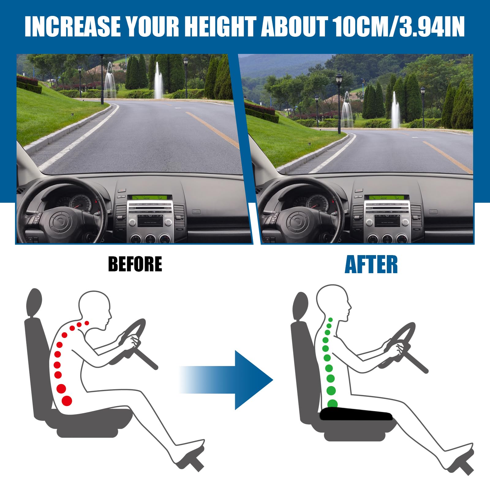 Cuscino per auto in memory foam, ortopedico per alleviare il dolore alla schiena e sciatica, rialzo per il conducente, cuscino antiscivolo per auto, camion, furgoni, sedia da ufficio e sedia a rotelle