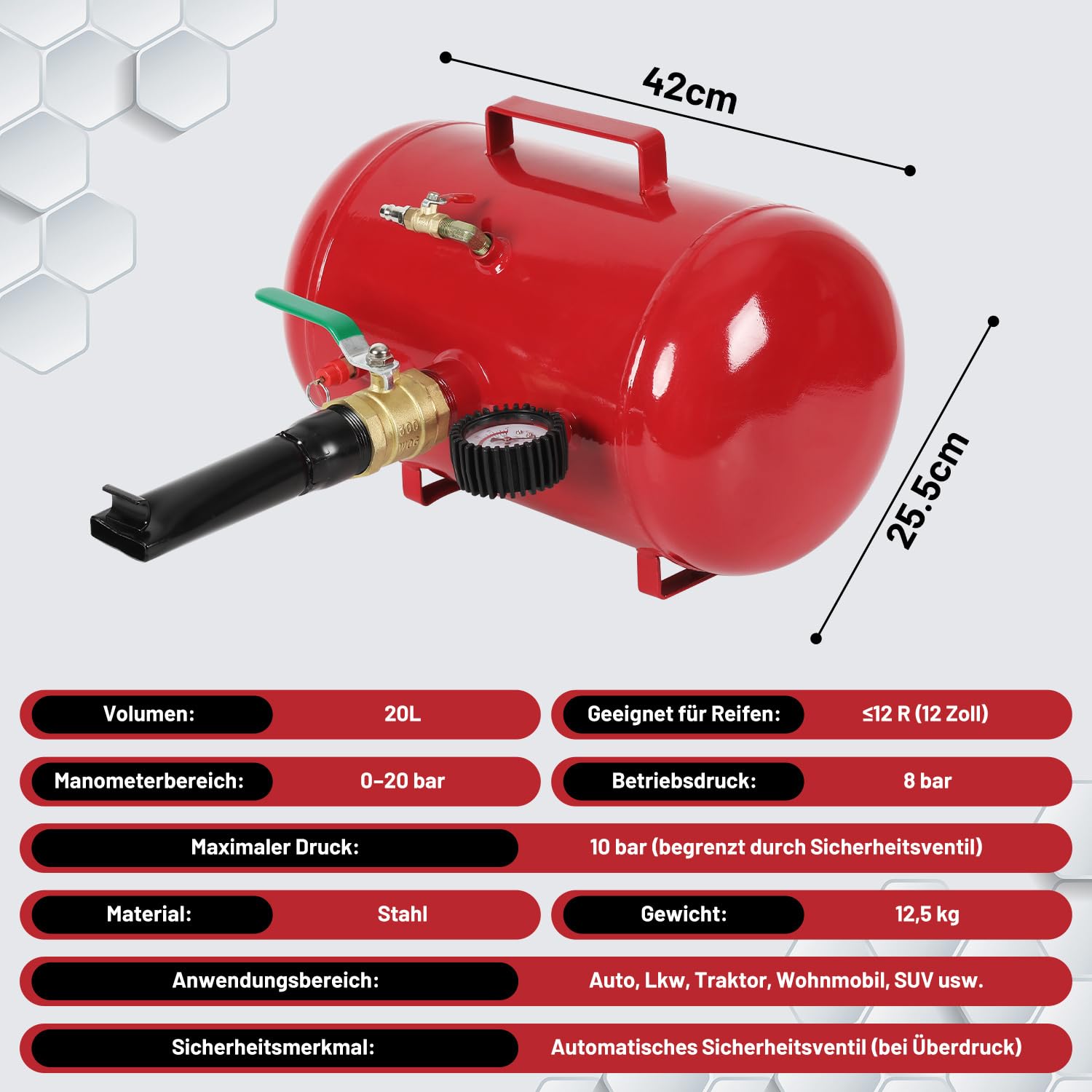 Gonfleur de pneu à air 20 L, 255 x 420 mm, pression de travail 8 bar, max. 10 bar, pour voitures, camions, tracteurs et SUV