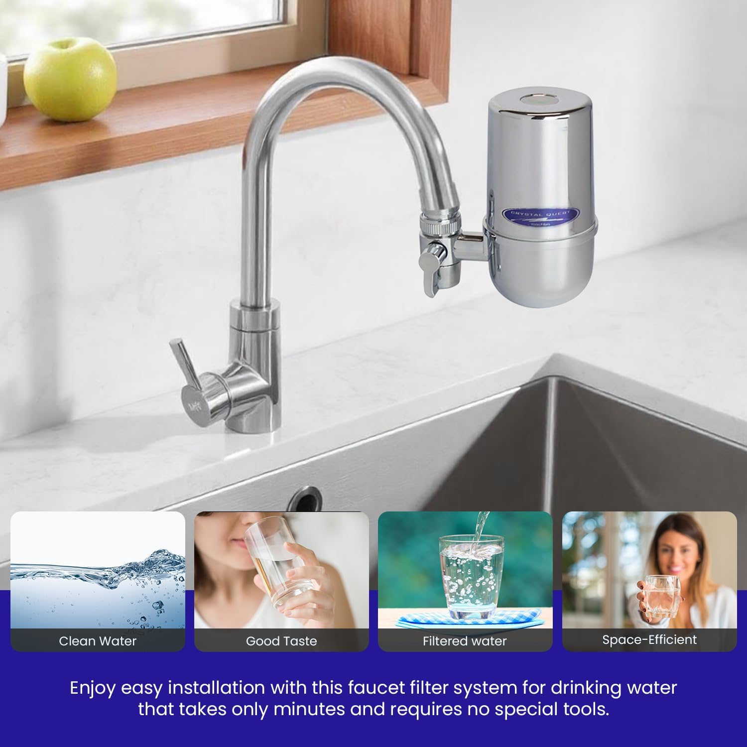 Crystal Quest Faucet-Mount Water Filtration System, ISO Certified 6-Stage Filtration, No-Wait Filtering, Removes Chlorine & Heavy Metal, 2000-Gallon Capacity, Easy Kitchen Faucet Installation - Chrome