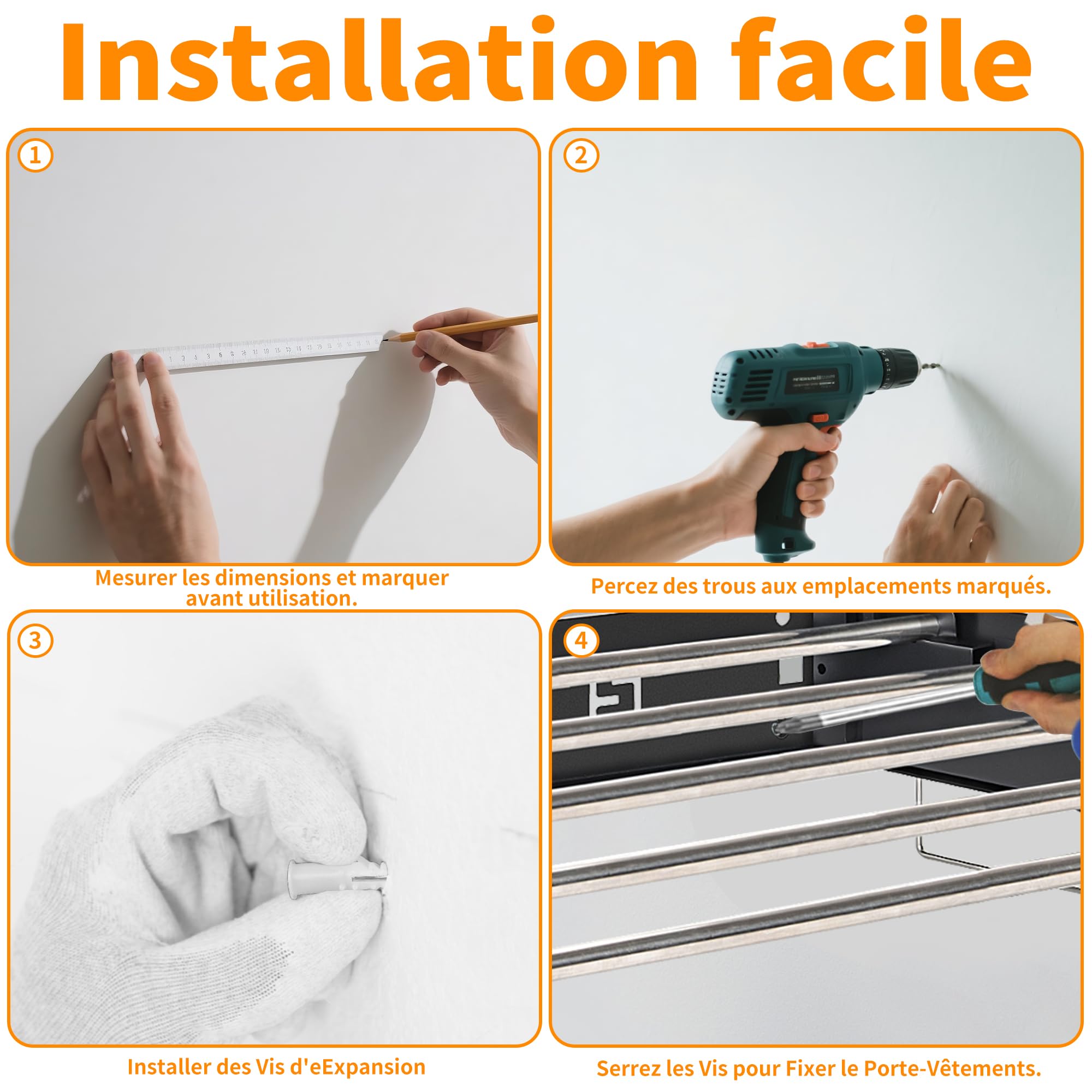 Étendoir Mural Pliable 5 Barres – 80 Cm – Noir (métal) – Neuf