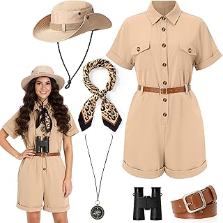 Shihanee 6 Pcs Safari Costume for Women Safari Outfit Hat Belt Neck Scarf Binocular
