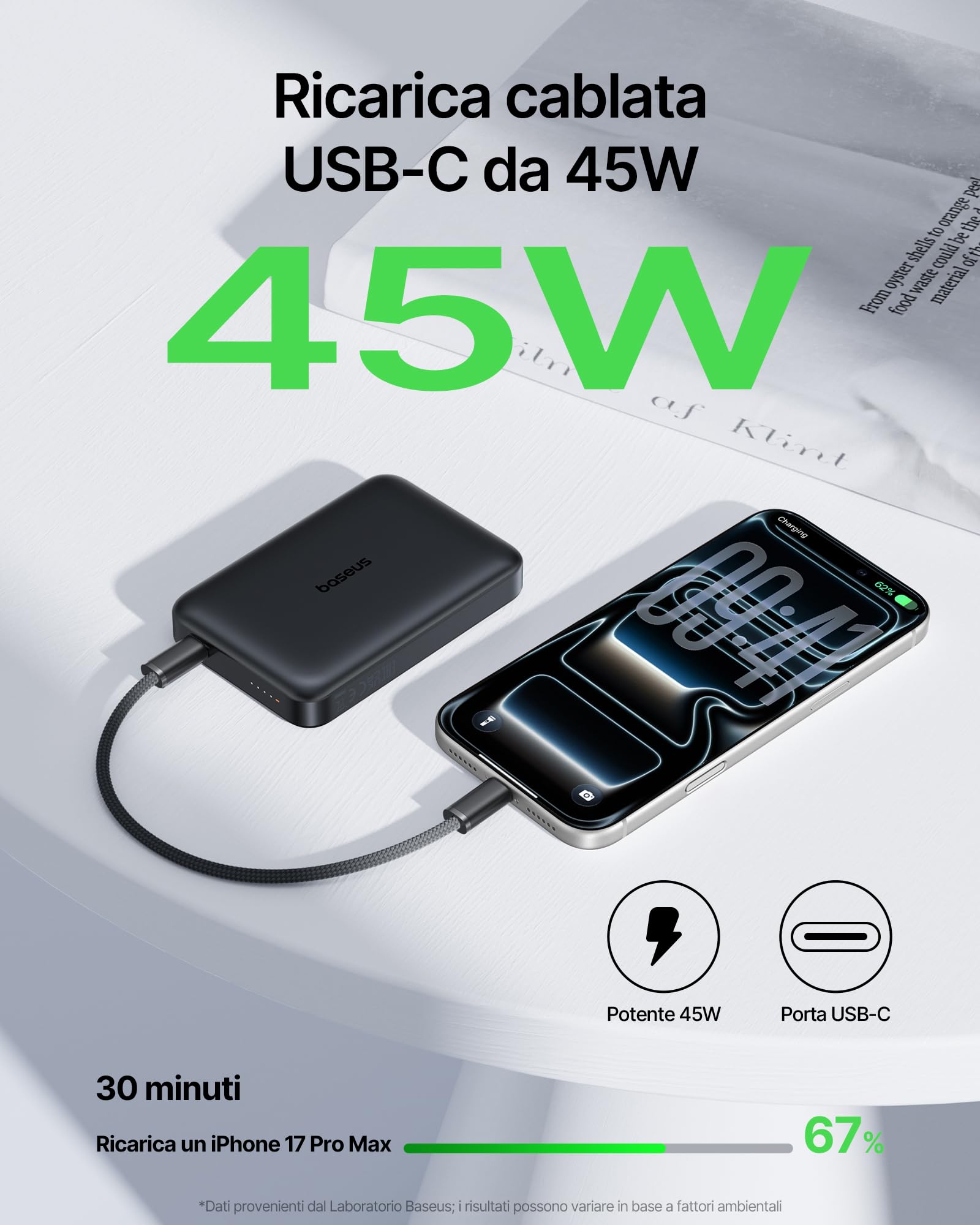 Baseus EnerFill FM21 Qi2.2 25W Powerbank Magsafe, 10000mAh Power Bank Magnetico, PD USB C 45W Ricarica Rapida, Batteria Esterna per iPhone 17/16/15/14 Pro Max