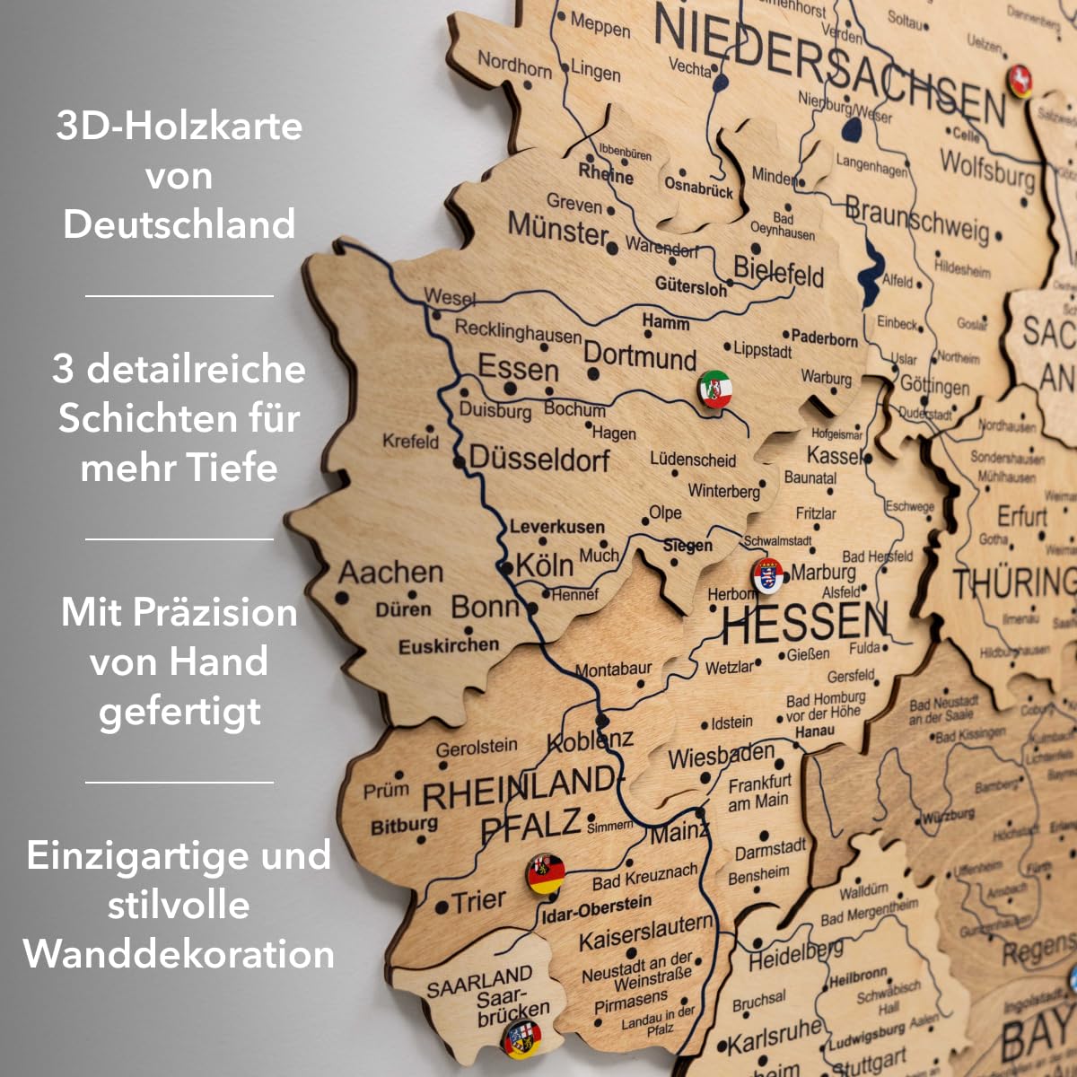 Enjoy The Wood 3D Holz Deutschlandkarte Pinnwand Geschenkidee für Reisende Deutschland Karte zum Pinnen Wandbild Landkarte Deutschland für Wanddeko & Reisen (Gold, S)