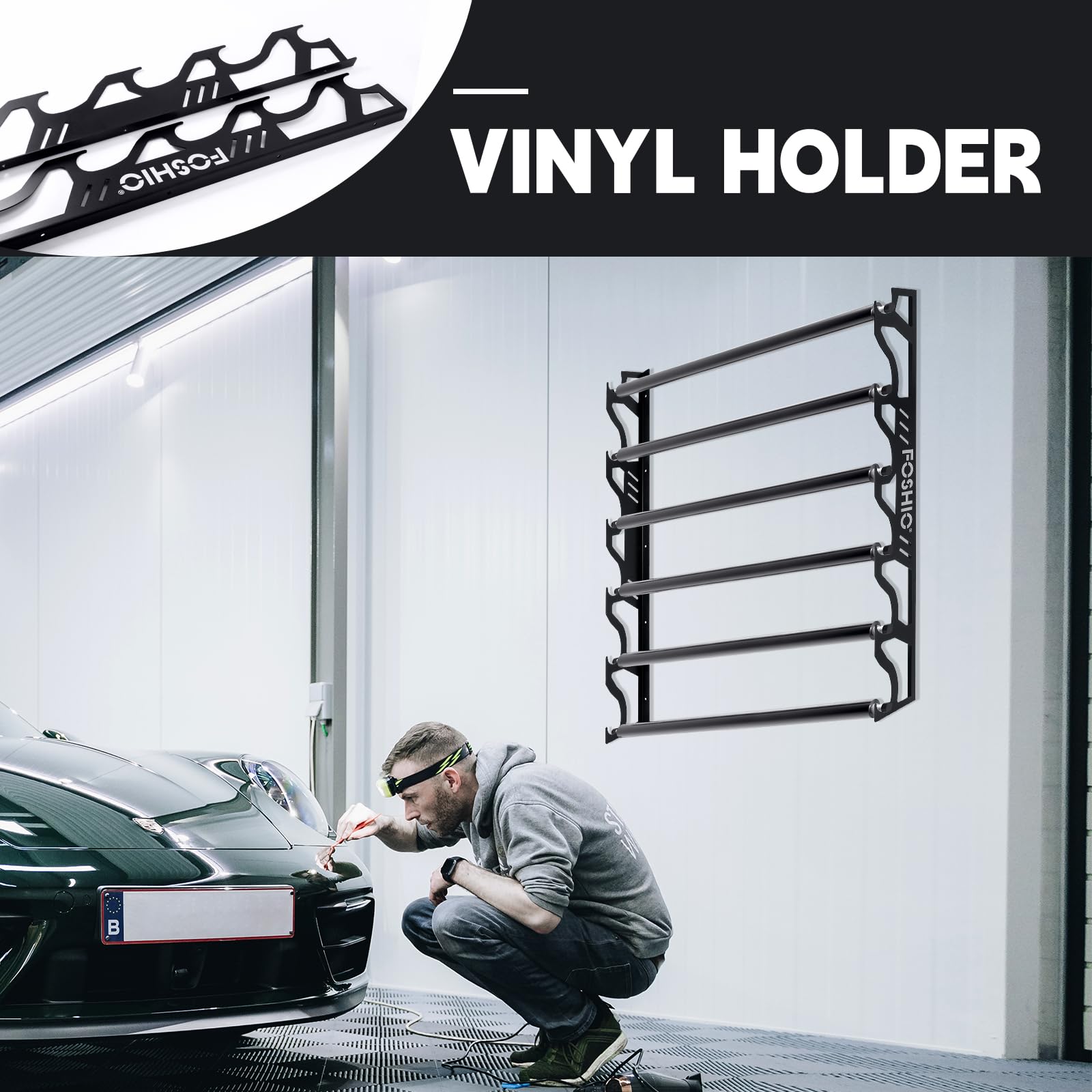 FOSHIO Support de rouleau de vinyle, support mural en métal avec matériel de montage pour tirer 6 rouleaux de vinyle, ruban de papier transfert, papier peint, film de fenêtre, garage, atelier,