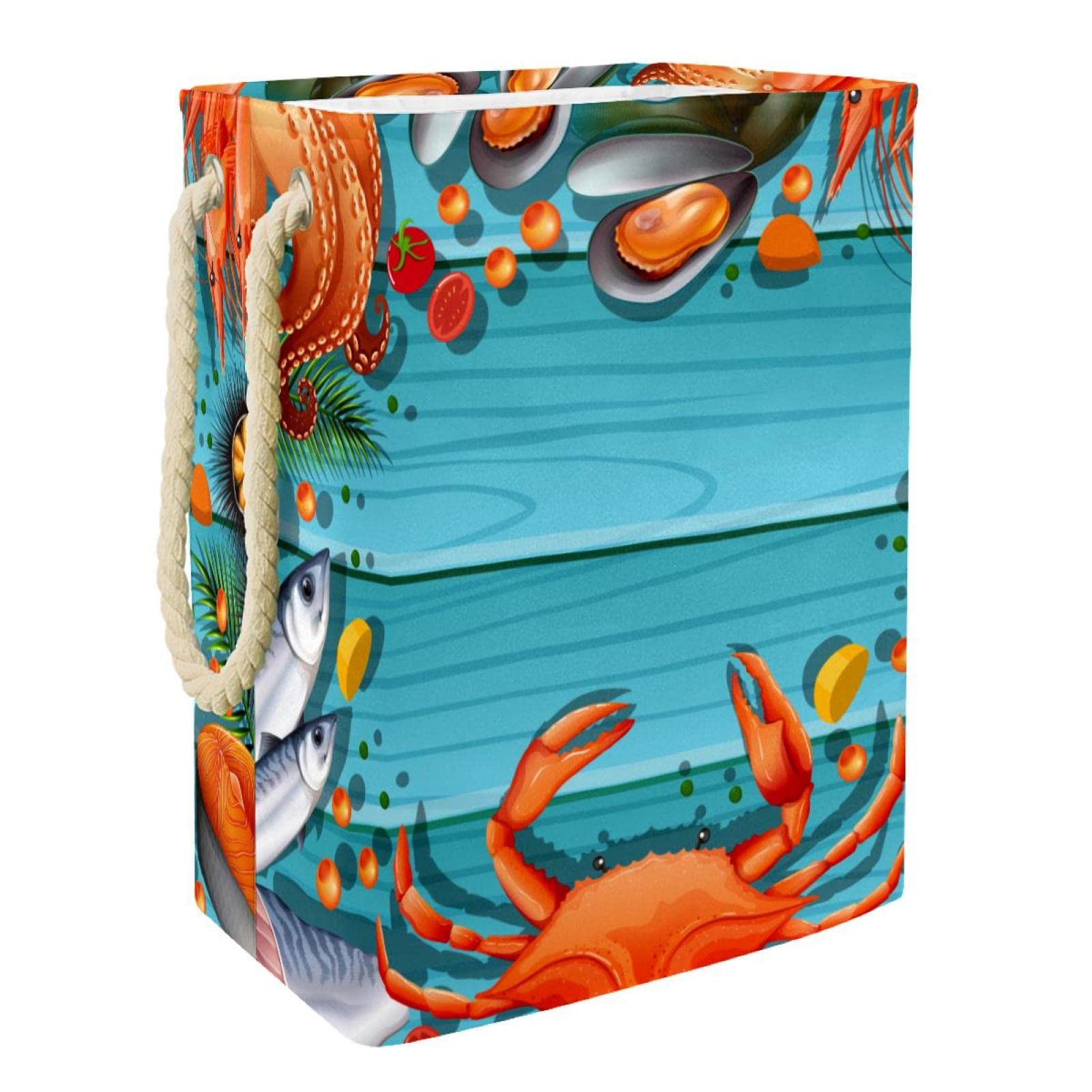 Panier à linge personnalisé bleu motif fruits de mer grand format avec poignées