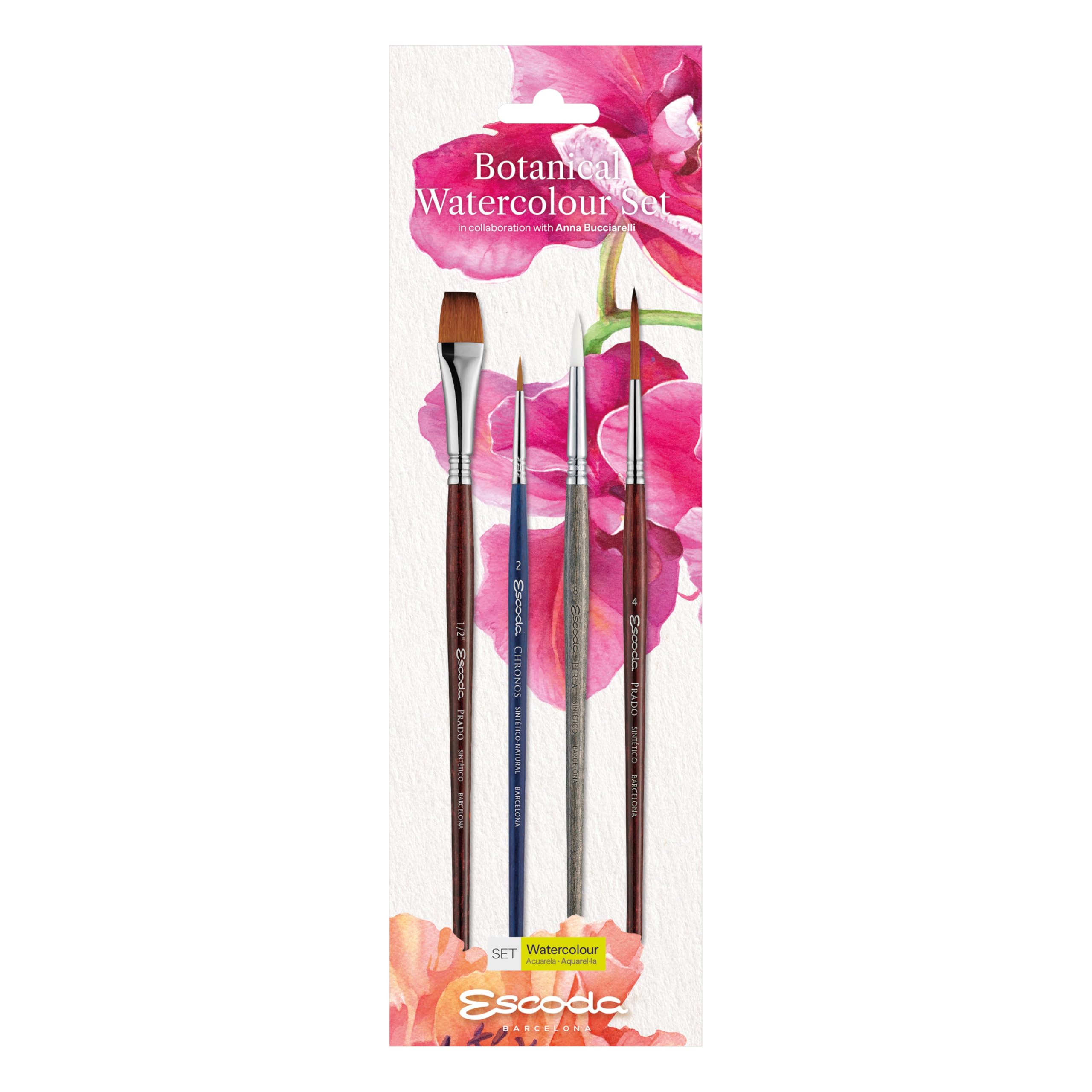ESCODA | Acquerello | Botanical Watercolour Set | 4 Pennelli | Dimensione 1/2",2,8,4 | Sintetico, Sintetico-Naturale | Piatto, Rotondo a Punta