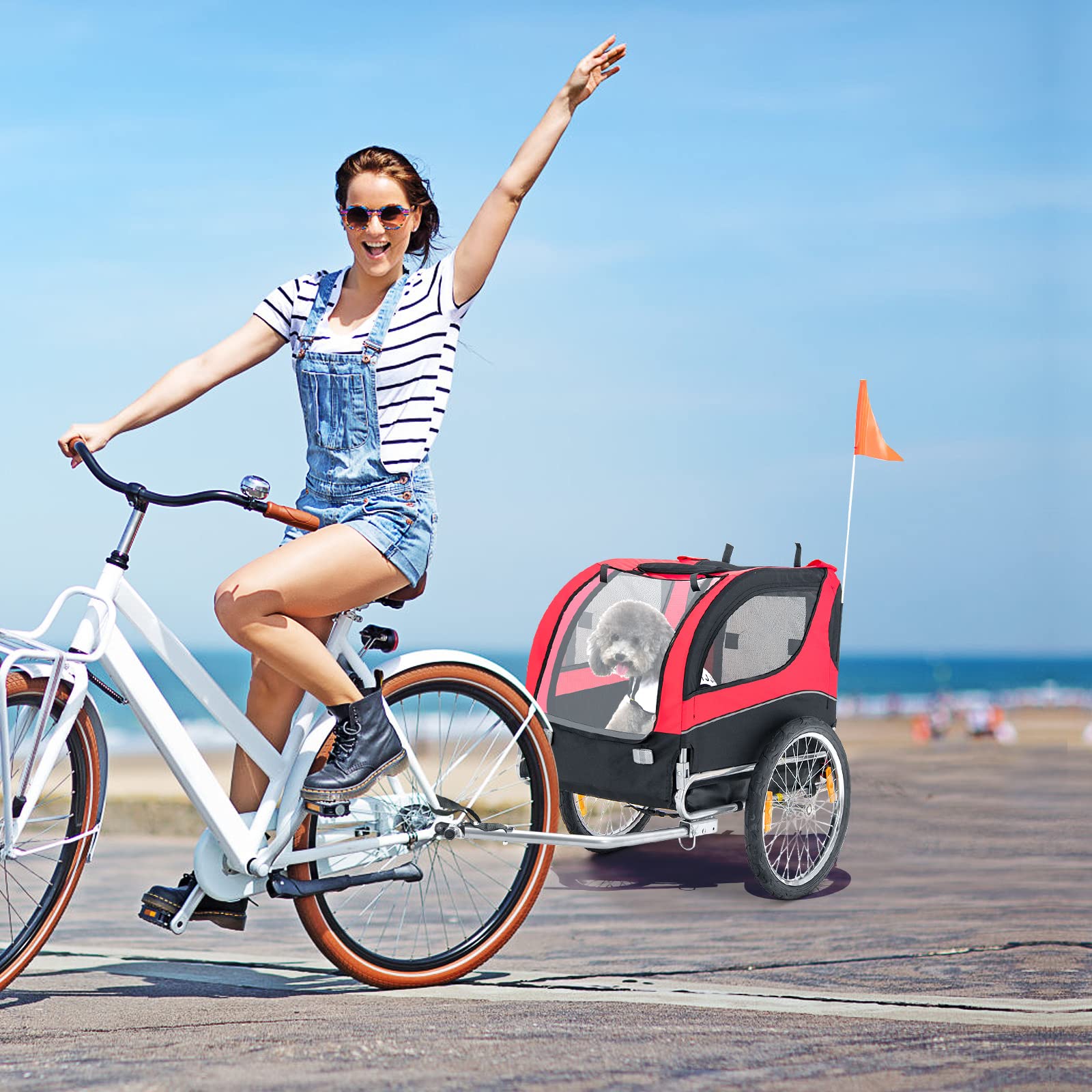 COSTWAY Remolque de Bicicleta para Mascotas, Remolque Bicicleta Perros Pequeños y Medianos con Ruedas, Transportador de 2 Puertas con Techo Solar, Capacidad 40 kg, 60,5 x 135 x 95 cm