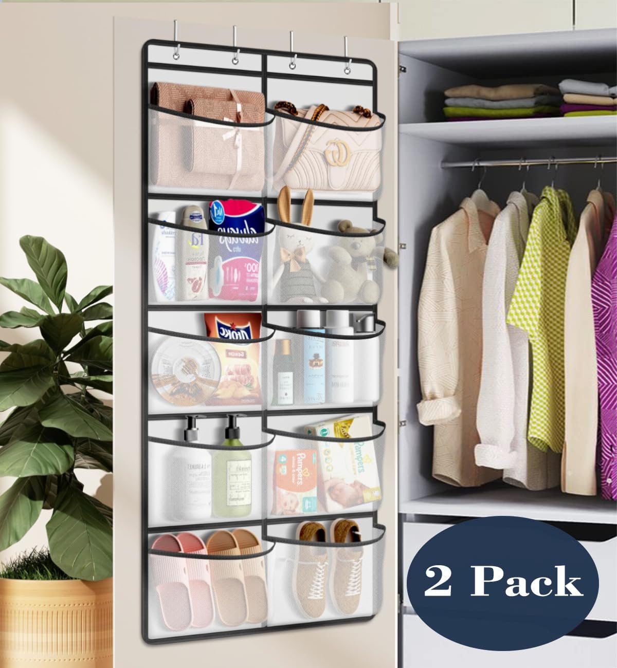 2 Pezzi Organizer Appendere Con 5 Tasche Grigio – Salvaspazio Per Armadio, Bagno, Porta