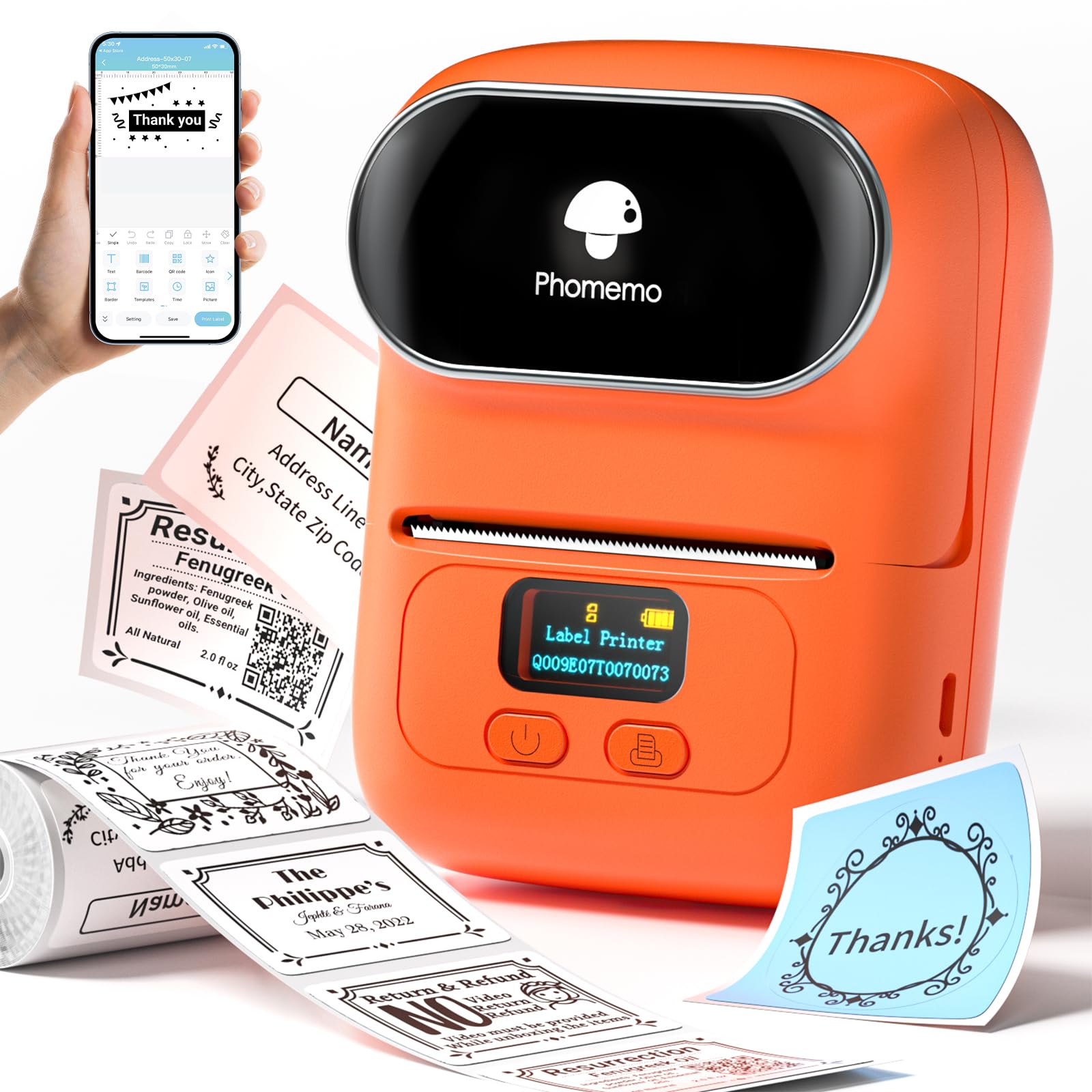 Phomemo M110 Impresora de Etiquetas portátil-Impresora térmica de Etiquetas，Impresora de Pegatinas，Adecuado para código de Barras, Oficina, envío, Cable, Tienda, Ropa，con Etiqueta de 40×30 mm,Naranja