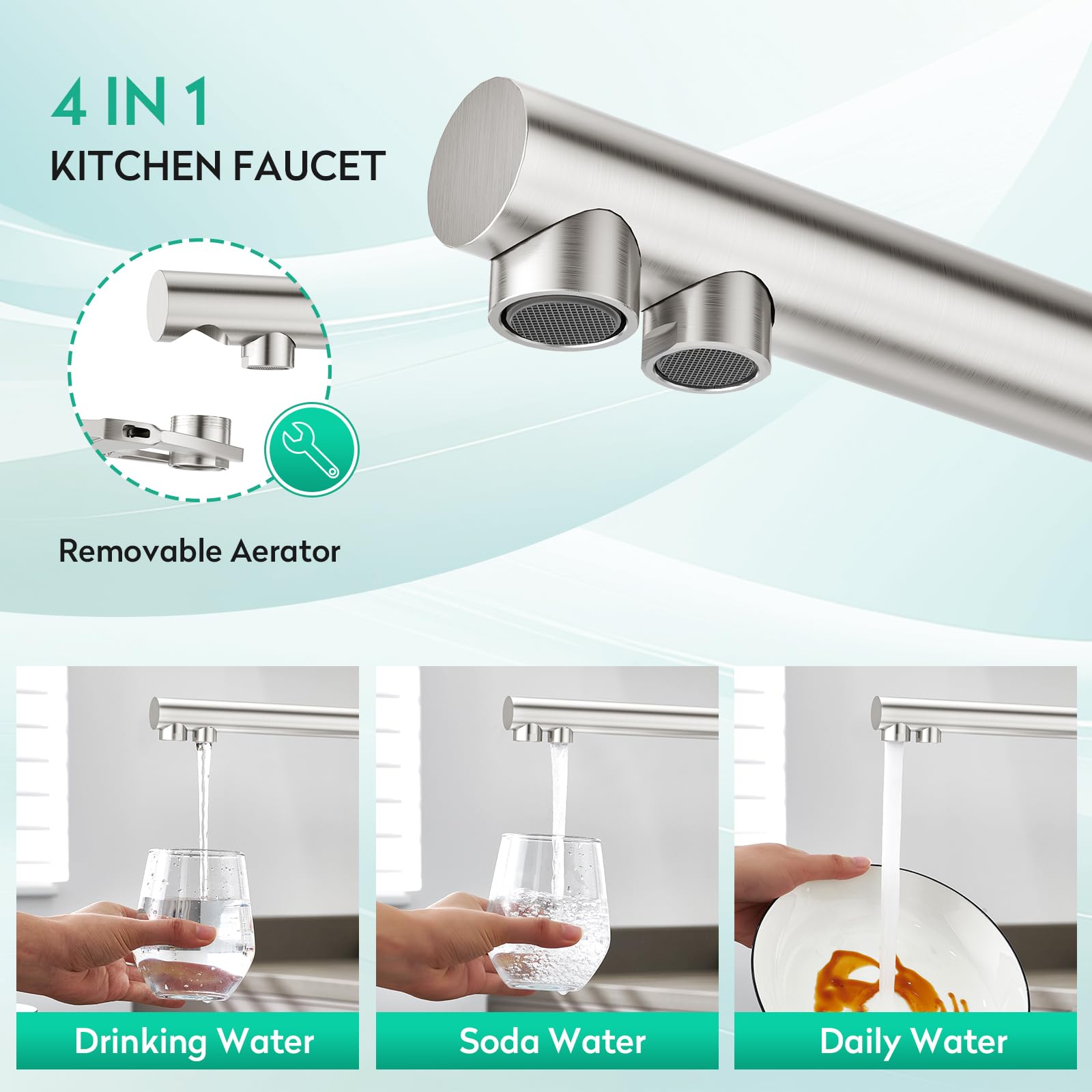 CREA Rubinetto Cucina a 4 Vie, Rubinetto Cucina Acqua Soda, Miscelatore Lavello Cucina Girevole a 360°, Rubinetto Osmosi, Acciaio Inox