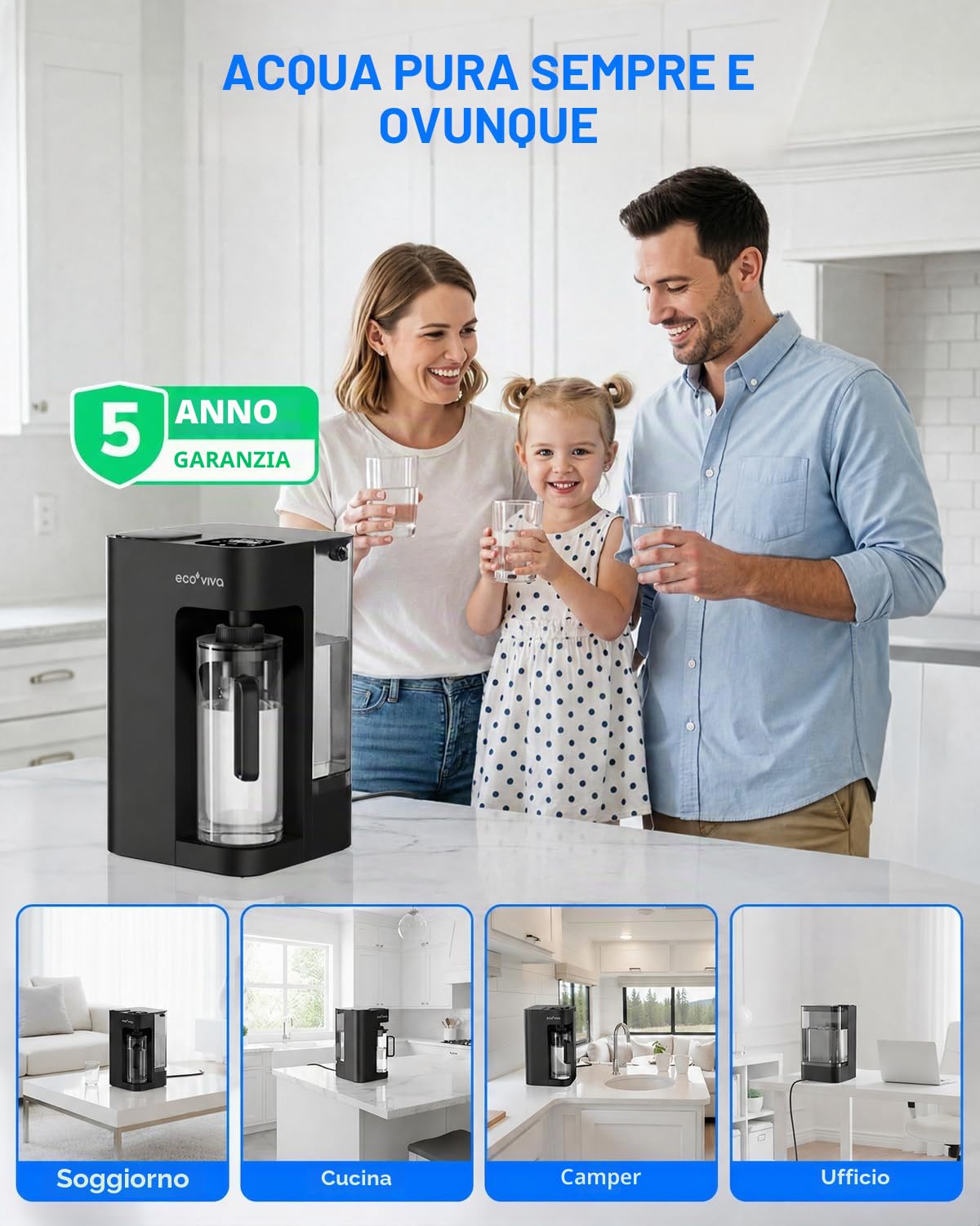Ecoviva Mate 3 Filtro per acqua ad osmose inversa da banco con 2 caraffe di riempimento automatico, sistema di filtrazione RO a 8 fasi, senza installazione, riduce il TDS, rapporto puro-scarico 3:1