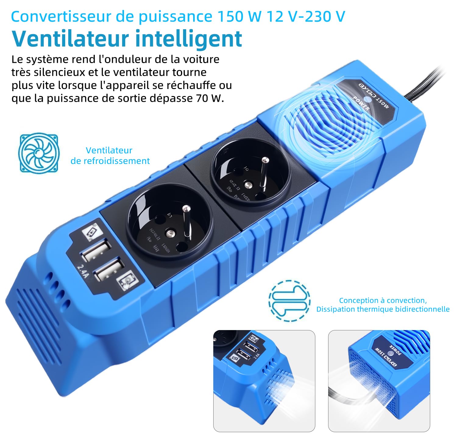 BYGD Convertisseur 12v 150W, Prise Allume Cigare Transformateur de Tension avec 2 Ports USB et 2 Prises EU Electrique pour Auto, Phone, Tablette, Ordinateur, Camping (Bleu)