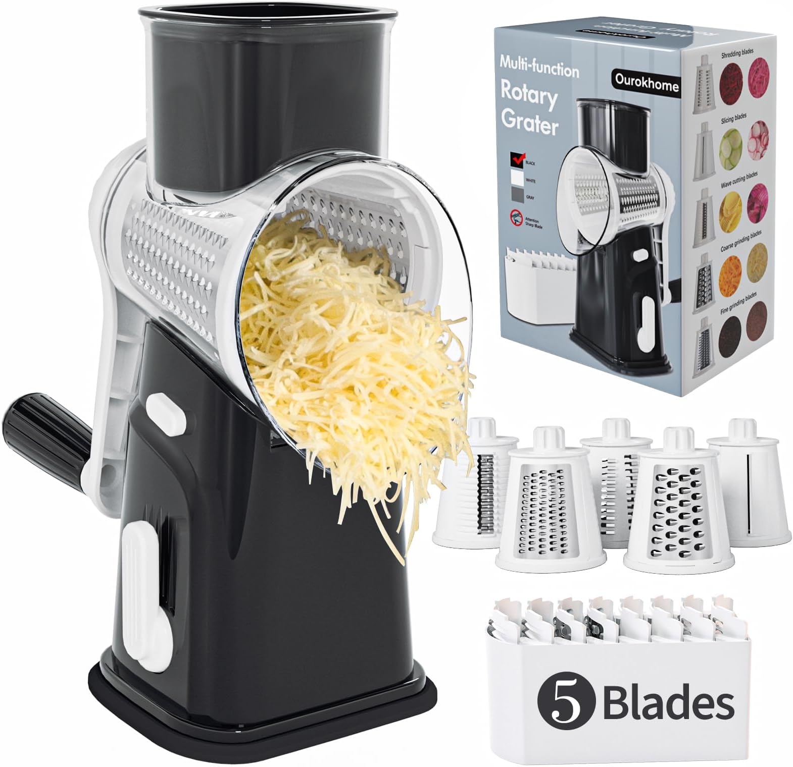 Ourokhome Cheese Grater Hank Crank Cheese Shredder, Mandoline Vegetable Slicer with 5 Interchangeable Blades and Strong Suction Base for Fruit, Vegetables, Nuts Black