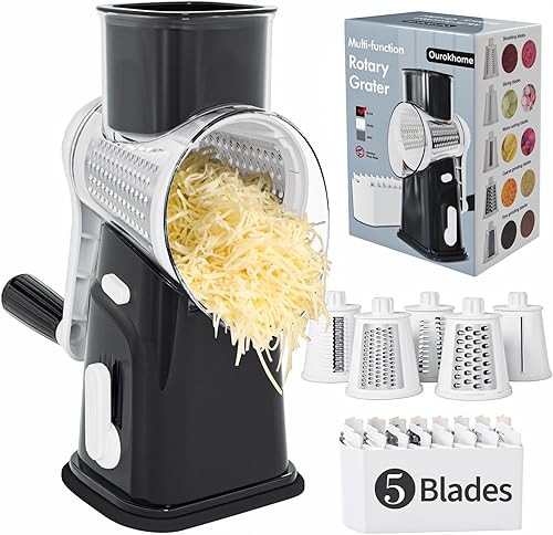 Miniatura 11 de Ourokhome Rallador rotativo de queso, triturador de queso, rebanador de verduras mandolina con 5 cuchillas intercambiables y base de succión fuerte