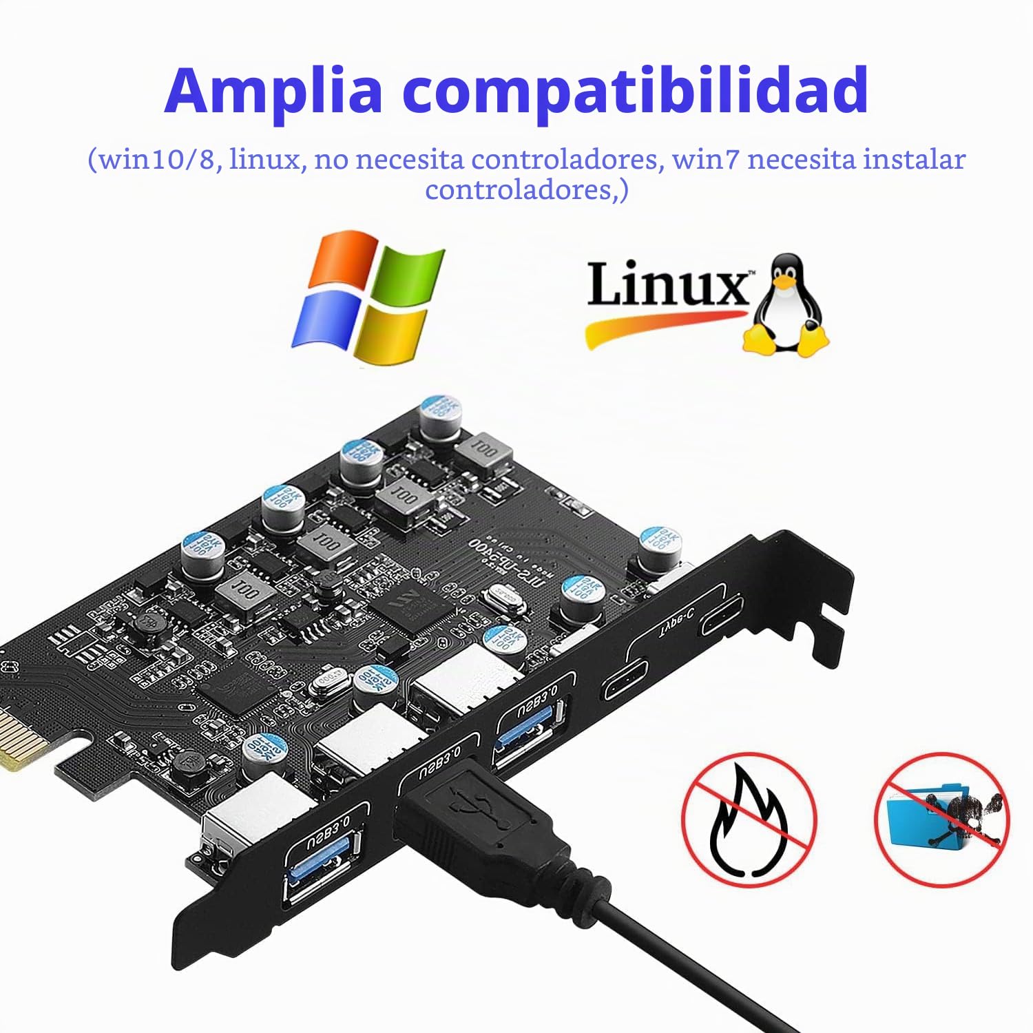 Tarjeta PCIe USB C de 5 Puertos y 25 W de Potencia, Tarjeta de expansión PCI Express USB 3.0 de 5 Gbps (3 Puertos Tipo A y 2 Tipo C), Carga rápida para PC de Escritorio