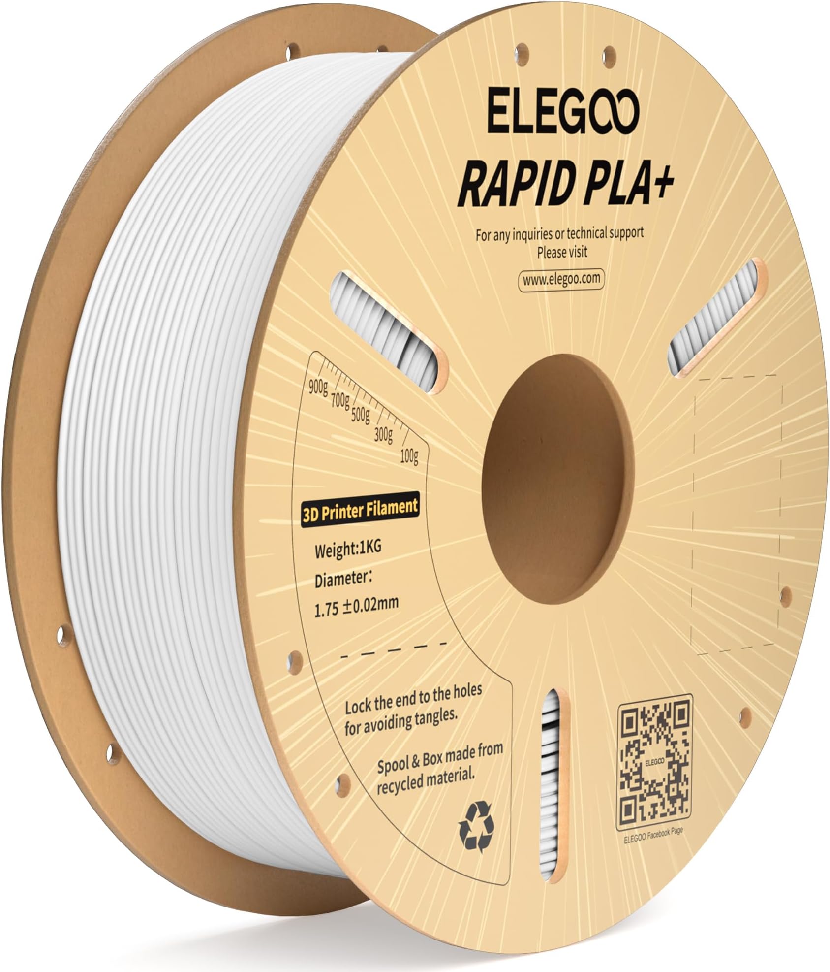 ELEGOO Rapid PLA Plus Filament 1.75mm White 1KG, PLA+ 3D Printer Filament Up to 600 mm/s High Speed Printing, Dimensional Accuracy +/- 0.02 mm, 1kg Cardboard Spool(2.2lbs)