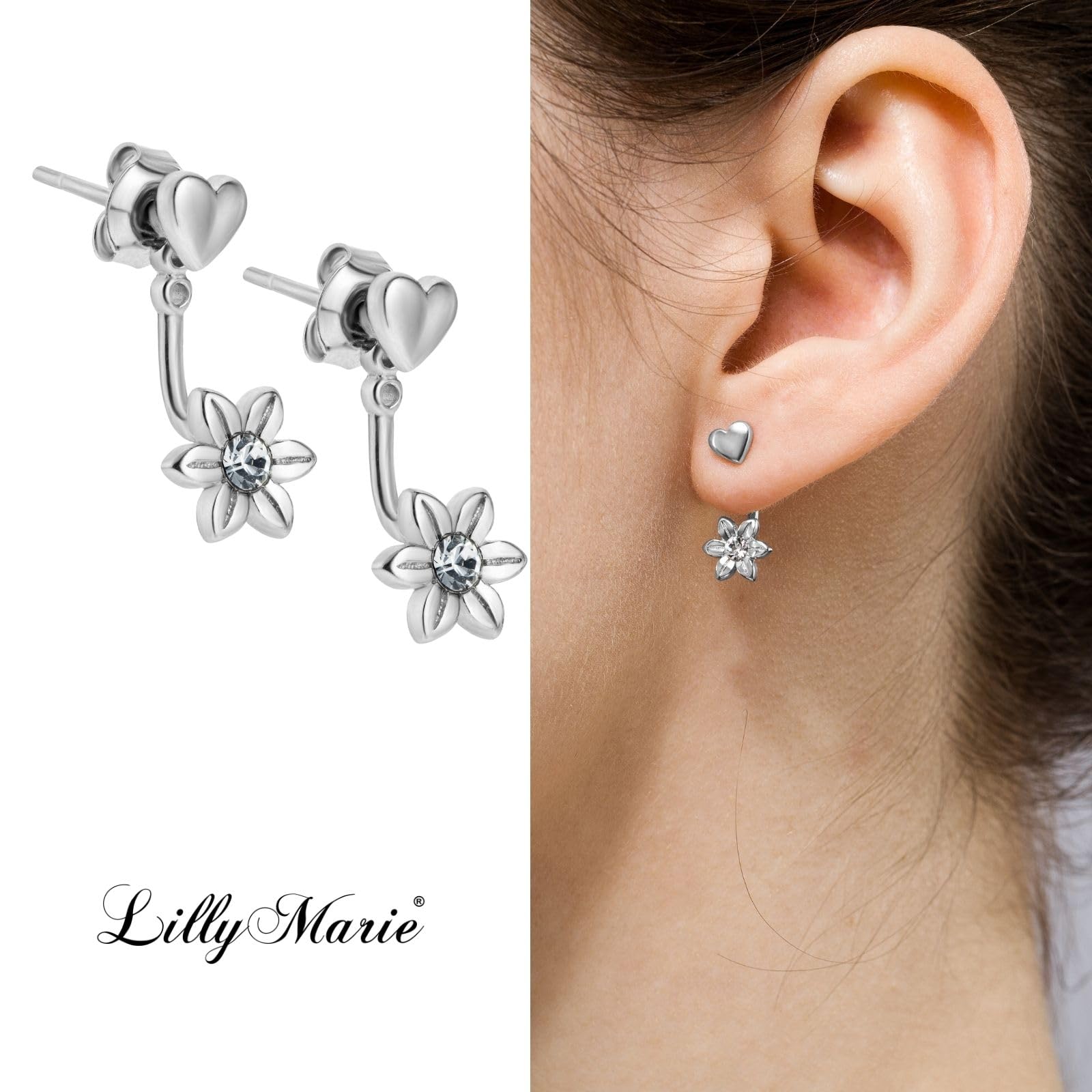 Pendientes De Mujer En Plata De Ley 925 Con Motivo De Corazón Y Flor