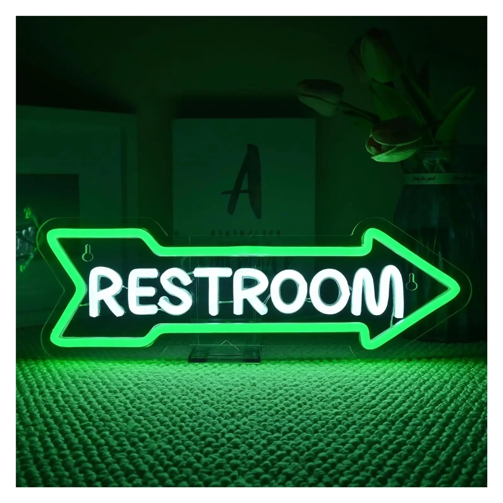 RONGCH Hanging Art Neon Signs Restroom Arrow Neon Sign for Wall Decoration Light Decor White and Green for Bathroom Hotels Bar Hospitals 39x13cm