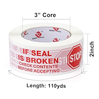 BOMEI PACK Stop Sign Sealing Tape,Pre-Printed IF Seal is Broken Check Contents Before Accepting Packing Tape with Dispenser 2 Inch x 110 Yards Heavy Duty Shipping Tape for Moving,Sealing