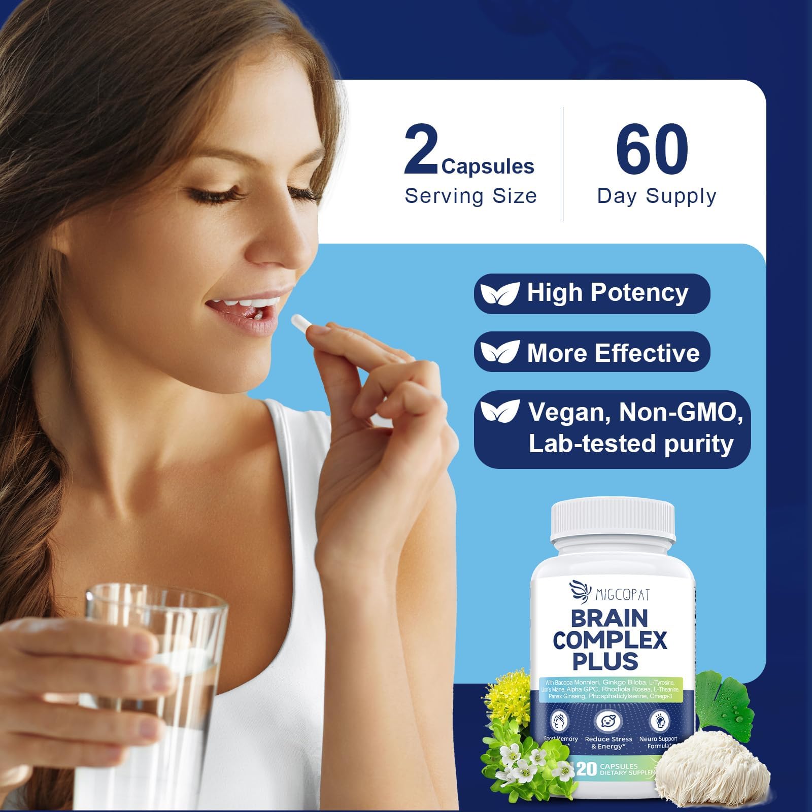 Brain Supplements for Memory and Focus | Nootropic with Bacopa Monnieri, Lion's Mane, Alpha GPC, Ginkgo Biloba | Mental Clarity & Cognitive Support | Vitamin B6 & B12 Neuro Health - Non-GMO, 120 Caps — Amazon image 6