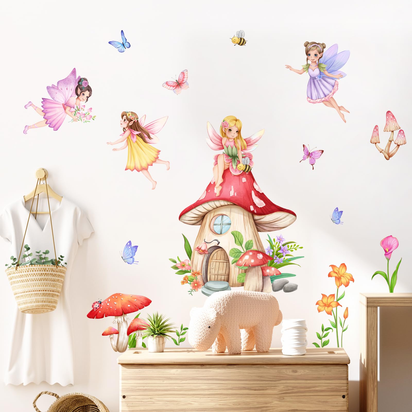 Supzone Mushroom House Fairy Wall Stickers Elf Flowers Butterflies Wall Decals Peel and Stick Vinyl Wall Art Decor for Baby Teenager Girls Baby Nursery Bathroom Playroom Bedroom Living Room - Image 2