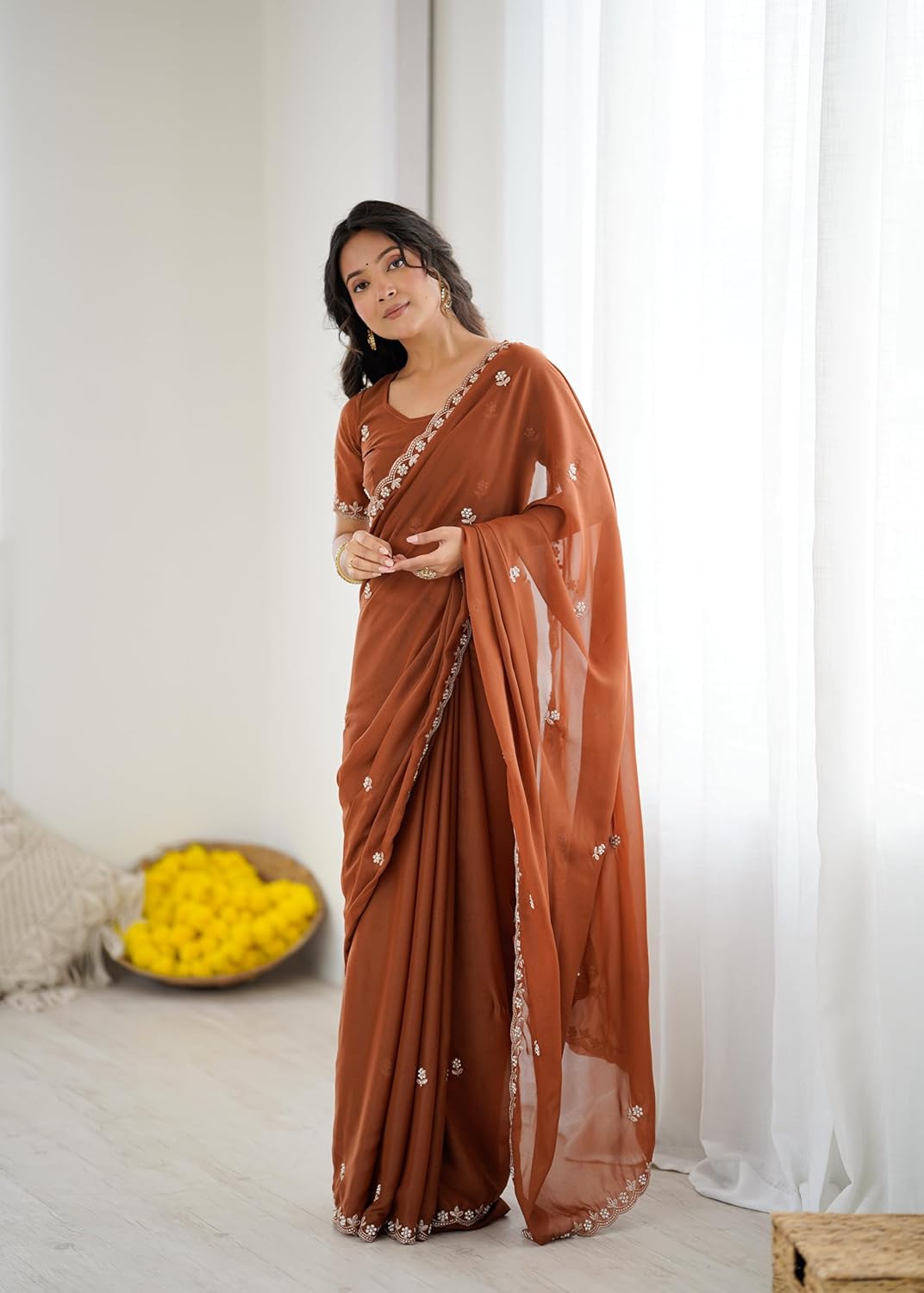 STAR GEORGETTE Embroidery and Moti Work Saree with Embroidery Work Blouse, Solid Georgette, Mirror Border