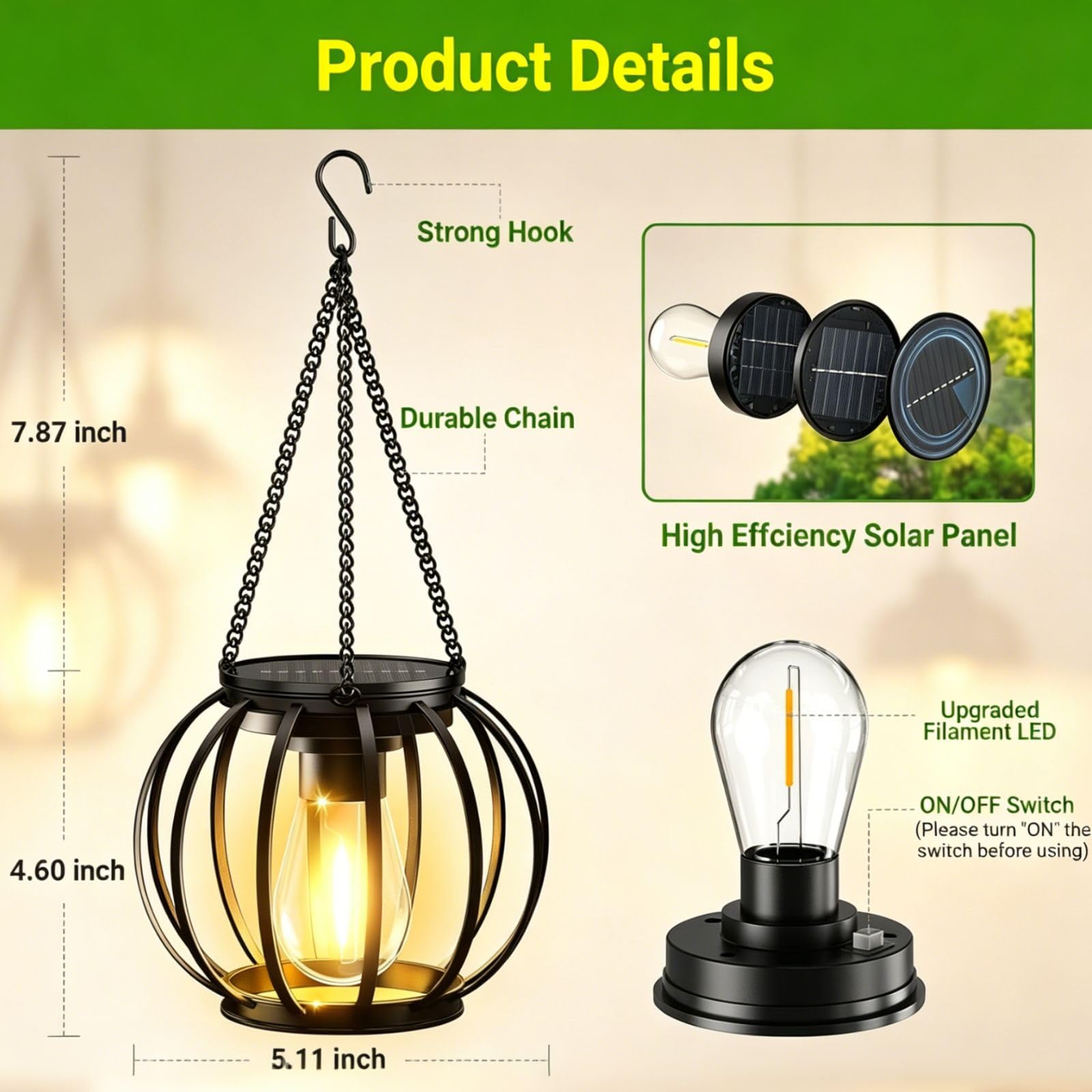 Solarlampen für Außen Hängend, 2026 Neue 4 Metall Solar Laternen für Draußen mit Größer LED-Glühbirne, IP65 Wasserdicht Solarleuchten Gartendeko mit Haken und Kette für Terrasse Rasen Balkon Hof