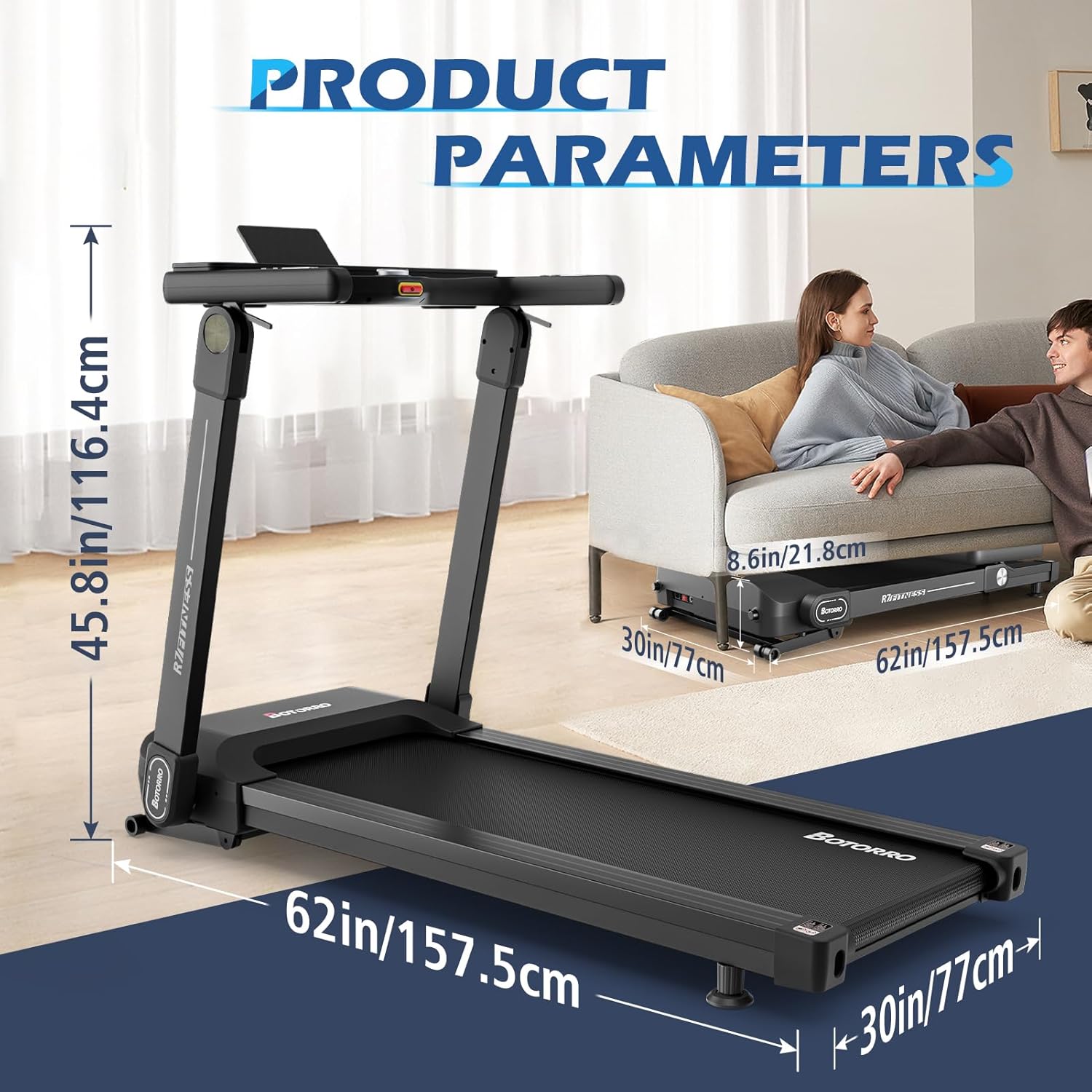 BOTORRO R7 Treadmill dimensions, showing unfolded and folded states.