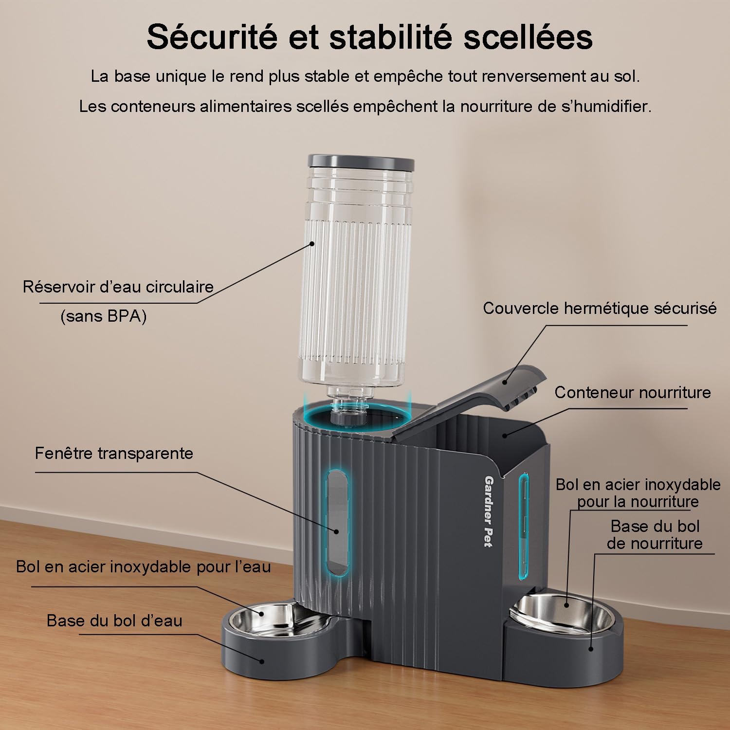 Gardner Pet 2-en-1 Distributeur Croquettes Chat Automatique 3L*2, Distributeur Eau Chat et Chien par Gravité, Mangeoire avec Gamelle Acier Inoxydable, sans BPA, Angle Réglable,Non Électrique, Gris