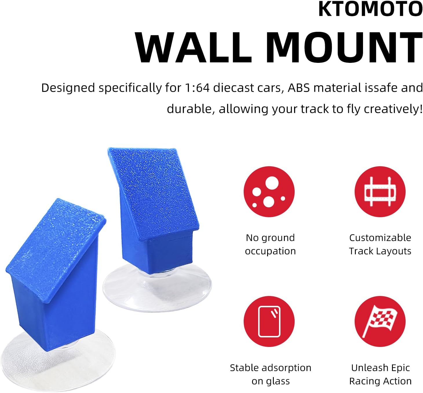 4 Pack Single Lane Wall Mount Compatible with Hot Wheels Track, Single Lane Wall Mount with Angled Suction Cups for 1/64 Scale Cars and Trucks (Blue)
