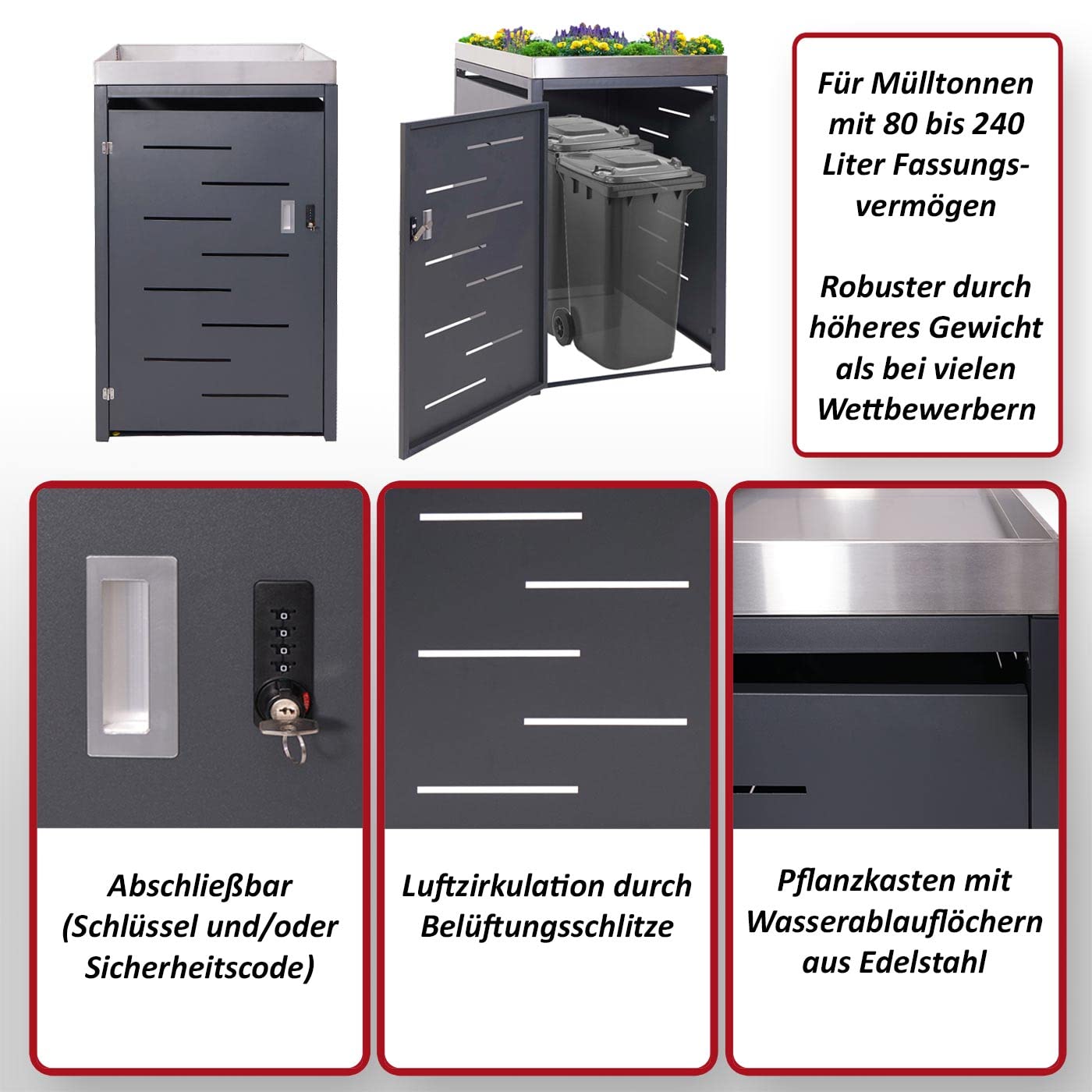 XL 1/2 Mülltonnenverkleidung HWC-H40, Mülltonnenbox, Pflanzkasten EdelstahlMetall 40kg 125x75x102cm erweiterbar