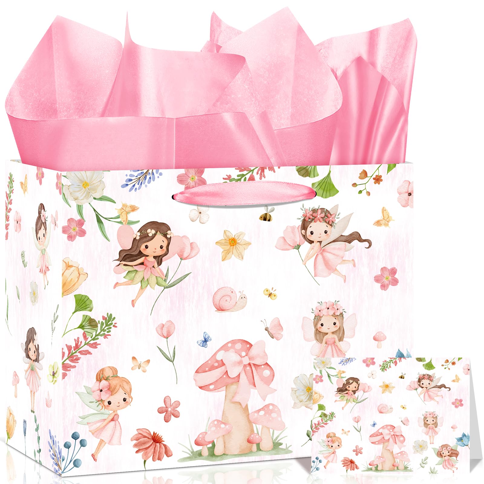 Fairy Birthday Gift Bag with Tissue Papers & Card,Pretty Girly Bowknot Gift Bag for Her,Girl Baby Shower,Women,Mother,Daughter,Friend,Female Teacher Birthday Celebration Presents Goodie Treatbag