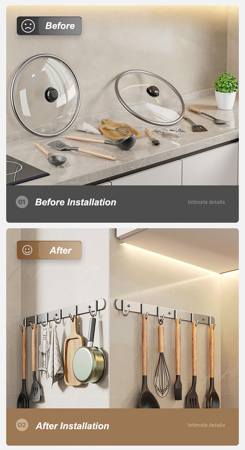 Paquete de 2 ganchos de cocina autoadhesivos de acero inoxidable, barra moderna para colgar utensilios de cocina, sin taladro, ganchos ajustables, elegante diseño gris mate