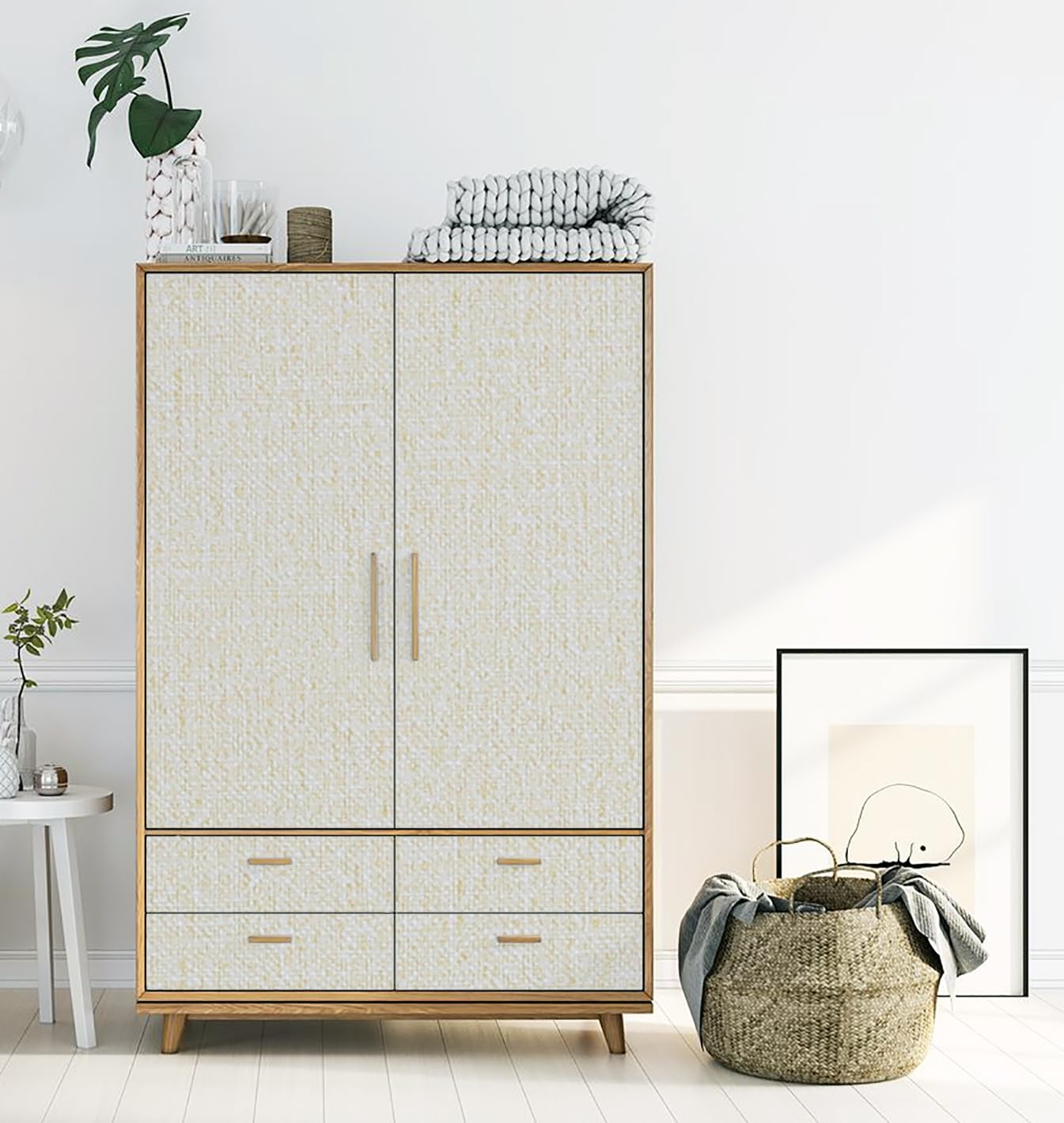 Guvana Beige 15.7"x118" Wallpaper Thicken Peel and Stick Grasscloth Textured Faux Linen Fabric Self-Adhesive Wallpaper for Bedroom Livingroom Decor