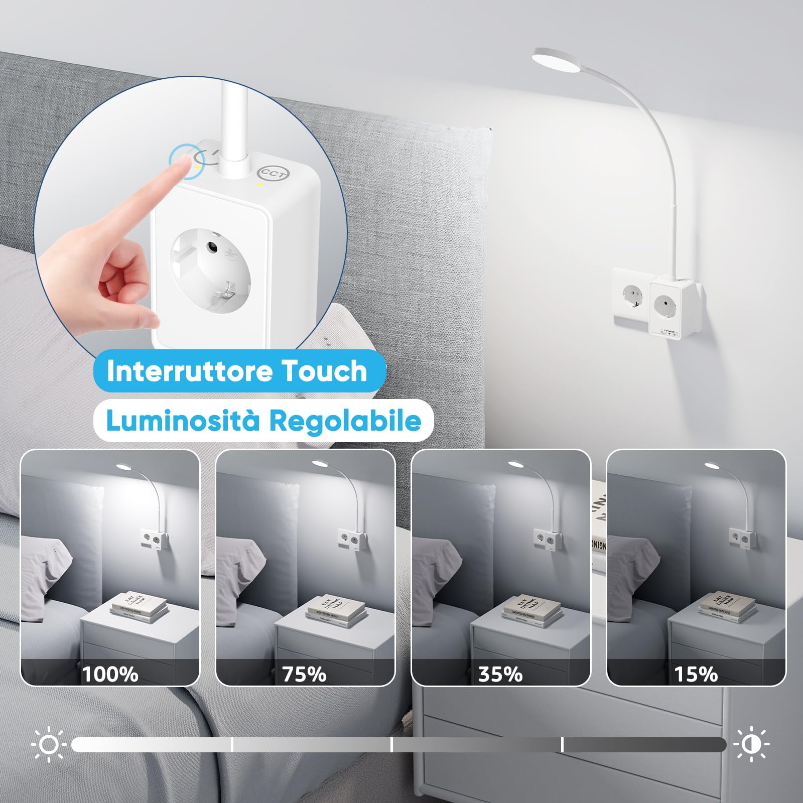 Lampada da Lettura Applique da Parete LED Dimmerabile Bianca con Spina e Presa Elettrica, 2 Pack Lampade Comodino Camera da Letto, 3 Colori di Illuminazione, Ricarica Uscita USB
