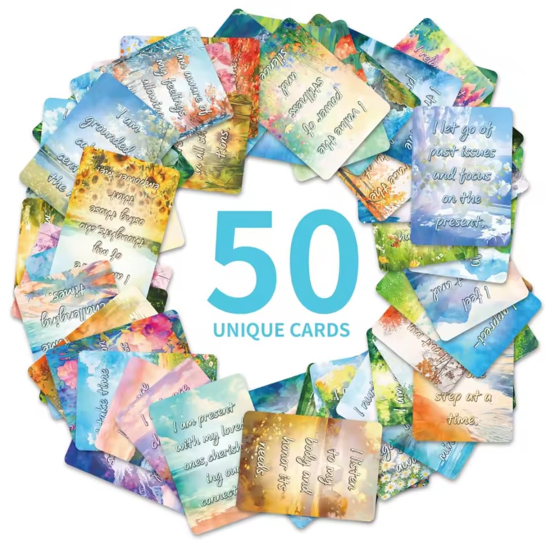 Mindfulness Affirmation Cards, Set of 50 Unique Watercolour Cards, Inspirational Quotes for Self-Care and Motivation, 8.91 x 6.41 cm