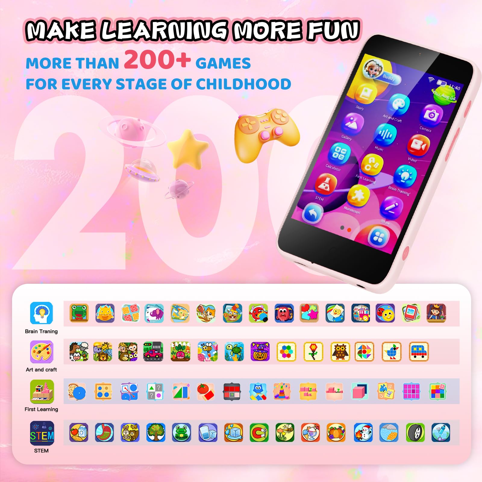 Ashfly Telefono per Bambini- Cellulare Giocattolo da 3,97" con Doppia Fotocamera, Telefono Giocattolo da 8 GB Con Oltre 200 STEM Giochi Educativi, Adatto a Bambini di 3 4 5 6 7 8 9 e 10 Anni