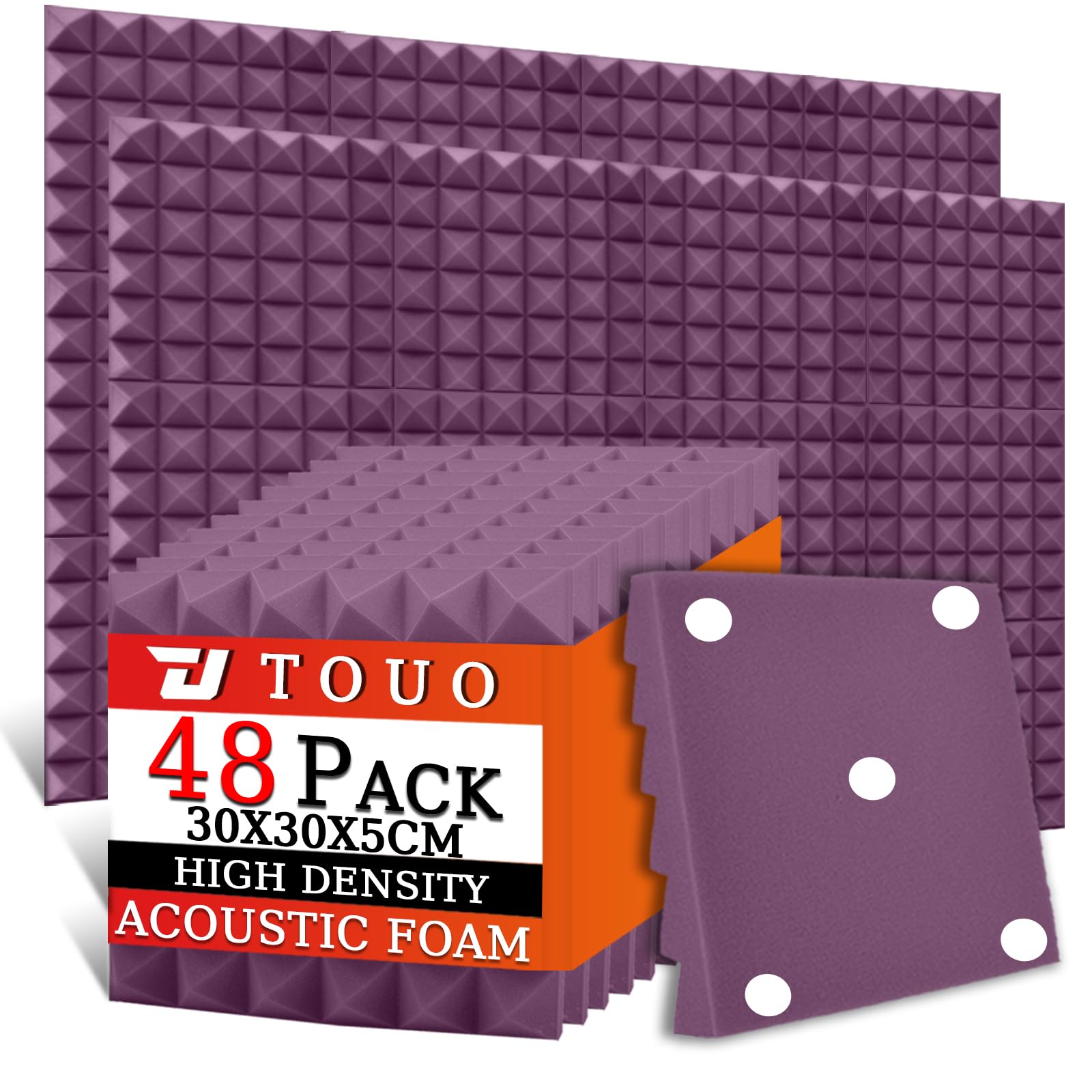 Confezione da 48 pannelli in schiuma acustica, 30 x 30 x 5 cm, pannelli fonoassorbenti piramidali, in schiuma ad alta densità resistente al fuoco, per pareti e soffitti di studio (viola)
