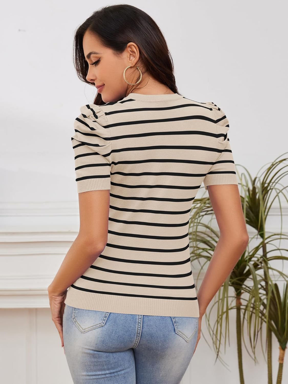 AKEWEI Puff Short Sleeve Sweater for Women Tops Trendy Spring Summer 2025 Business Casual Outfits Knit Crewneck Shirt Blouses - Image 5