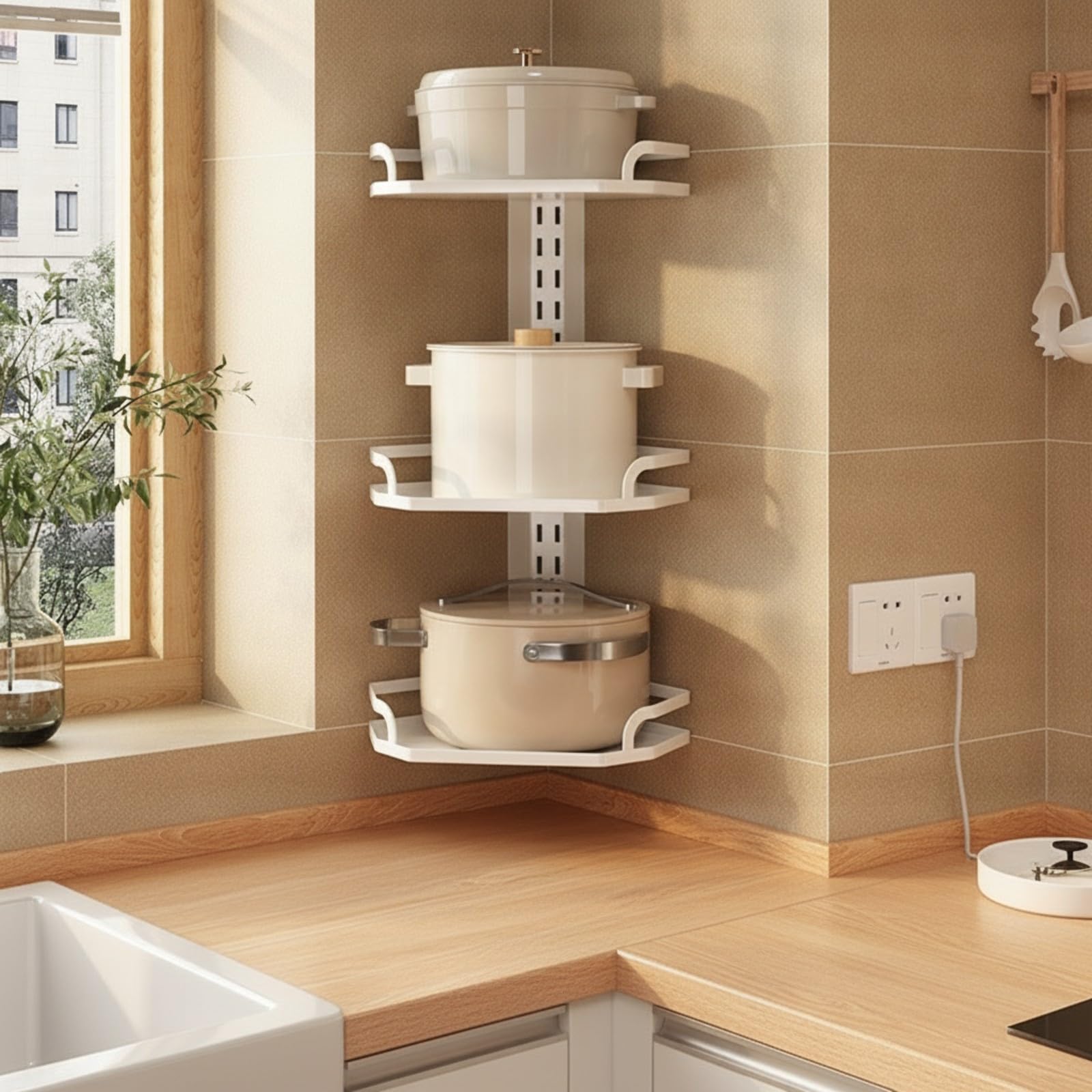 Porte-Pots Mural Trois Étagères Réglables peu Encombrant Étagère Cuisine Panneau à Crémaillère Robuste pr Locataires, Noir