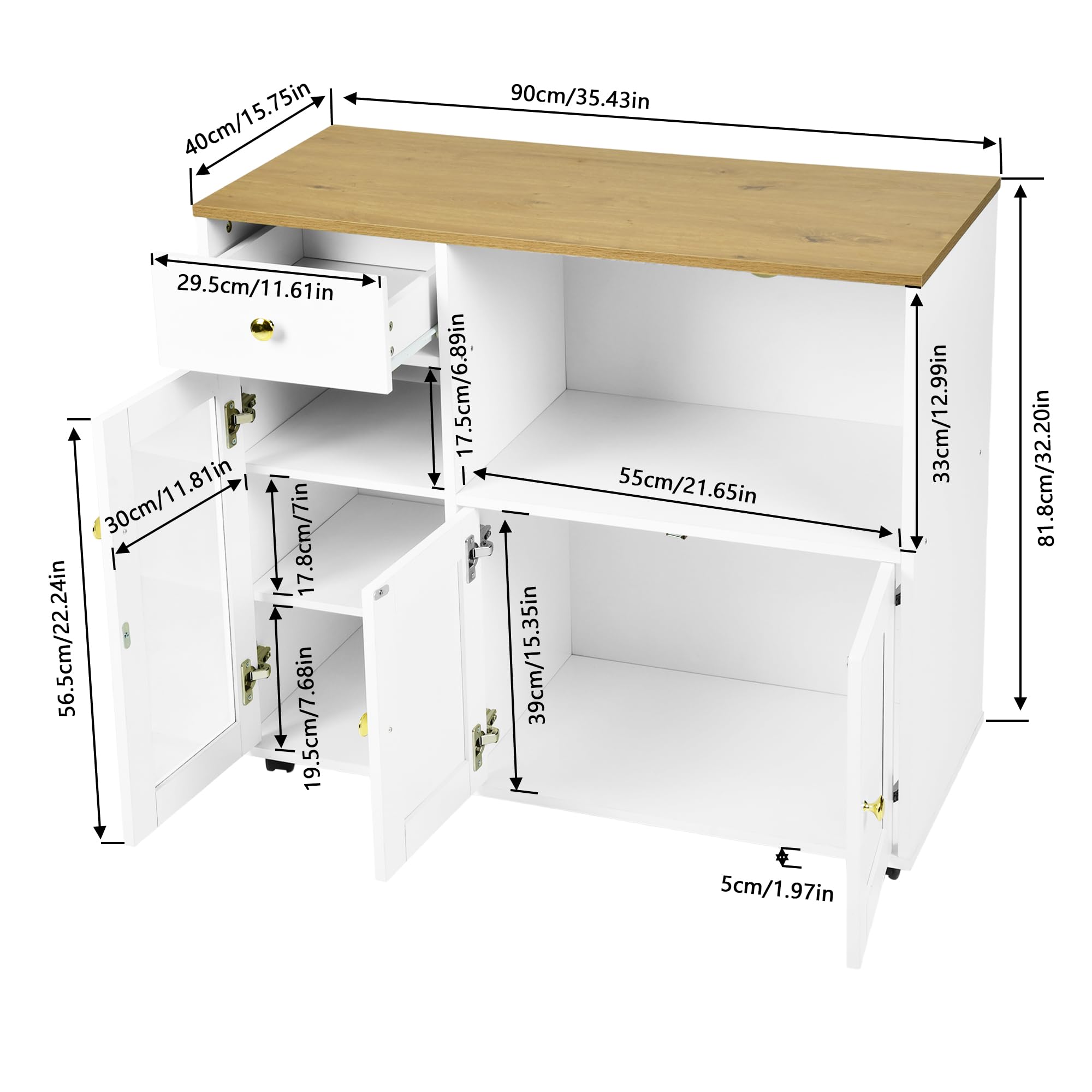 Küchenschrank mit Arbeitsplatte, Buffetschrank, Sideboard Küche mit Mikrowellenregal, Verstellbare Ablagen, für Küche, Esszimmer, Wohnzimmer, Weiß, 90 x 40 x 81.5 cm