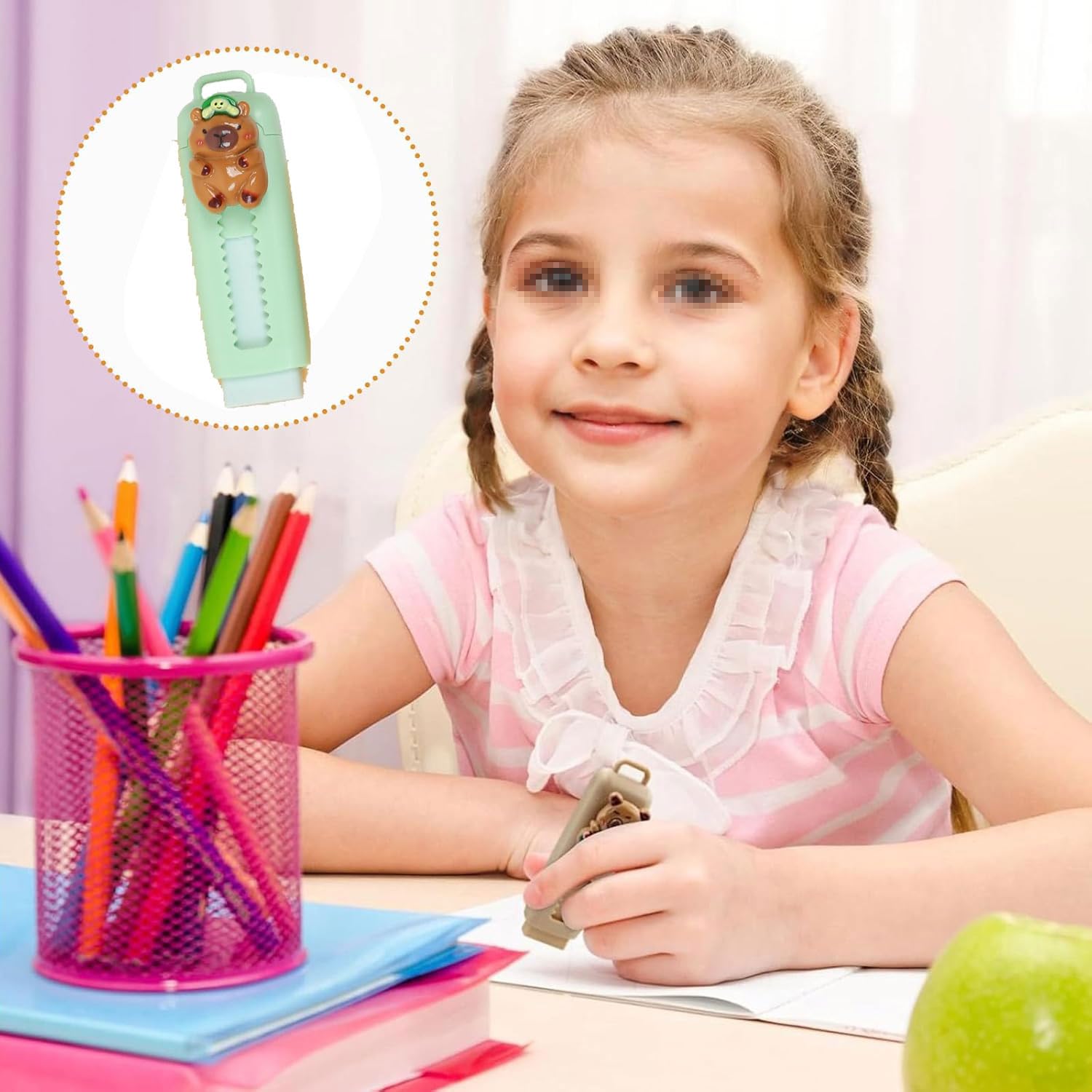 Gomma per Cancellare Retrattile Push-Pull 8 Pezzi Capybara Design per Bambini Scuola Ufficio Regalo