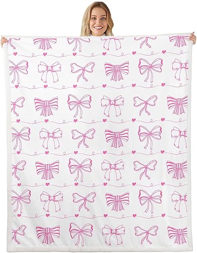 Vista 13 de Manta moderna de franela de vellón con lazo de 40 x 50 pulgadas, estilo princesa, manta mullida para sofá y sofá, con lazos azules y blancos