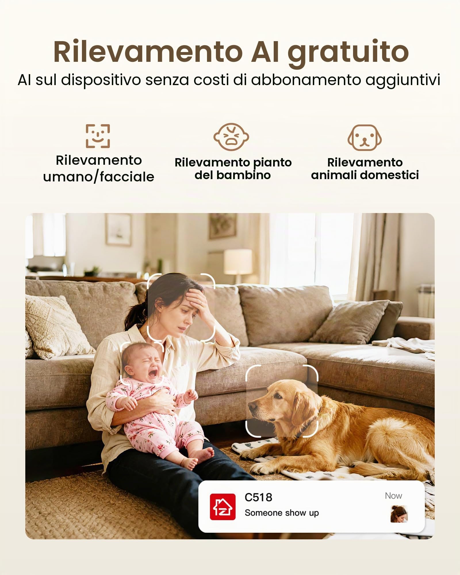ZOSI 4K Telecamera di Sorveglianza WiFi per Interni con Scheda da 64 GB, WiFi 2,4/5 GHz, Visione a 360°, Rilevamento AI per Bambini/Animali Domestici, Audio Bidirezionale, Chiamata con un Tocco, C518 | Rilevamento e tracciamento di persone/animali domesti