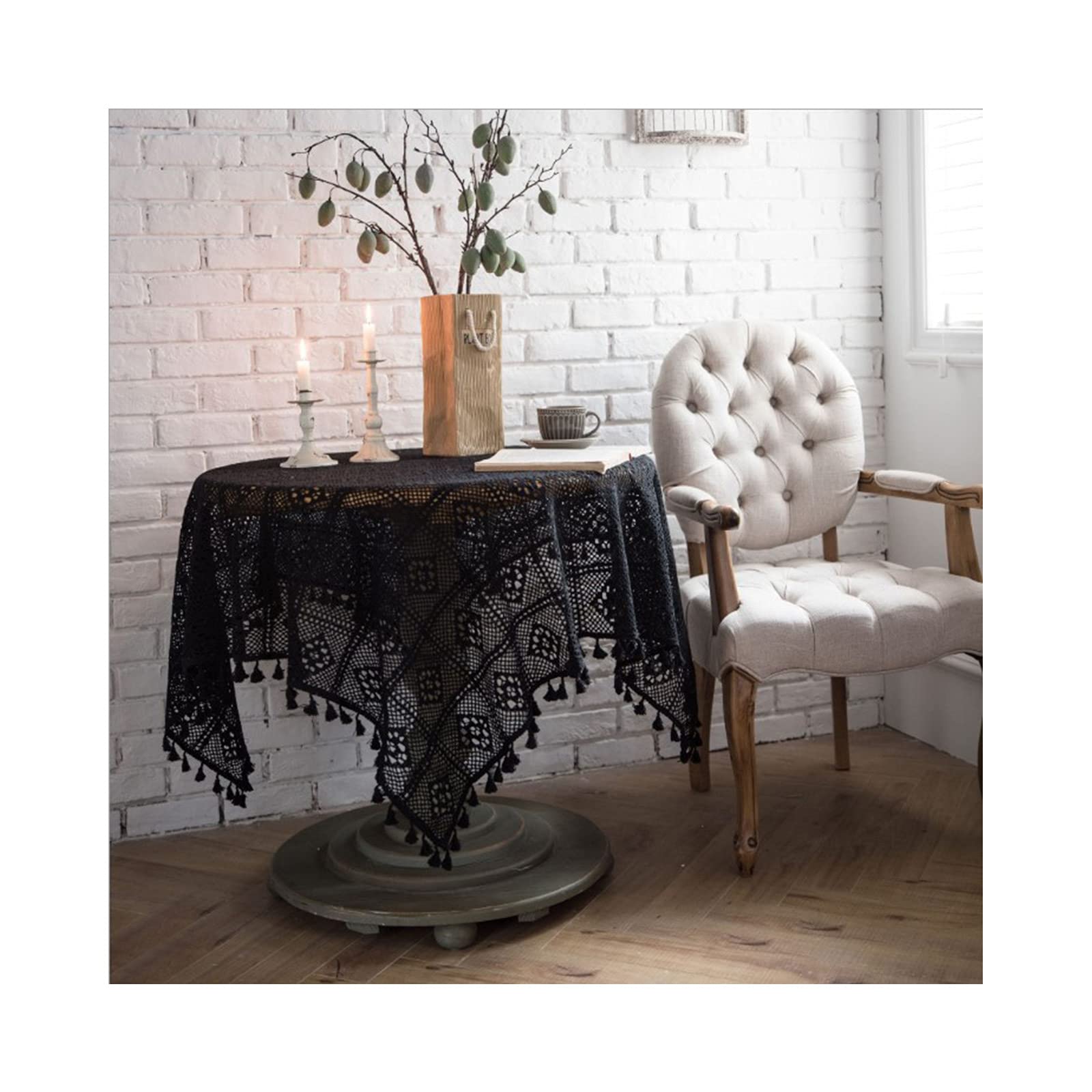 Nappe à crochet faite à la main style Shabby Chic noire rectangulaire 140x220