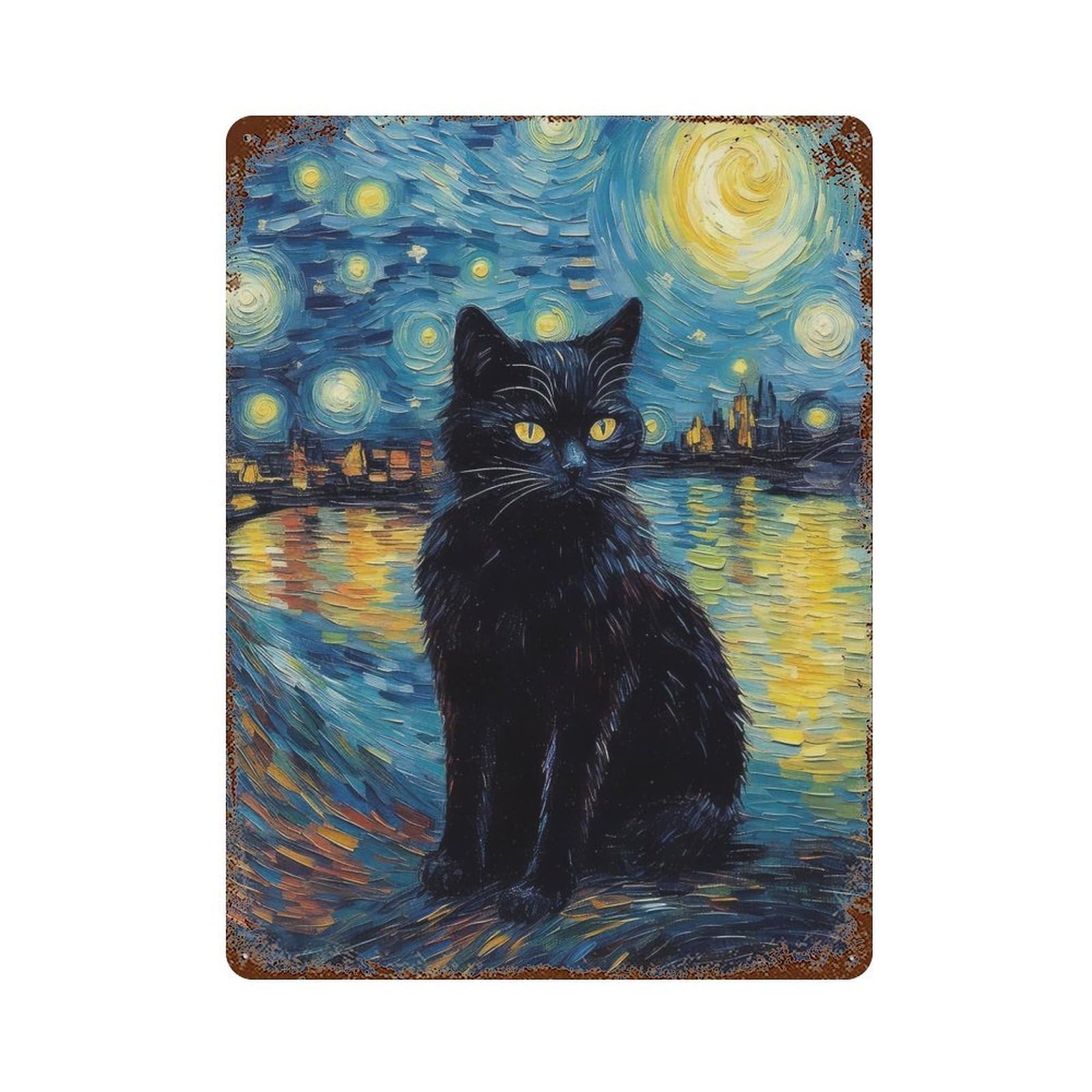 Retro Metal Sign with Cat Night Starry Art Design 15.7"x11.8", for Living Room, Hallway And Home Decor, Farmhouse Wall Decor