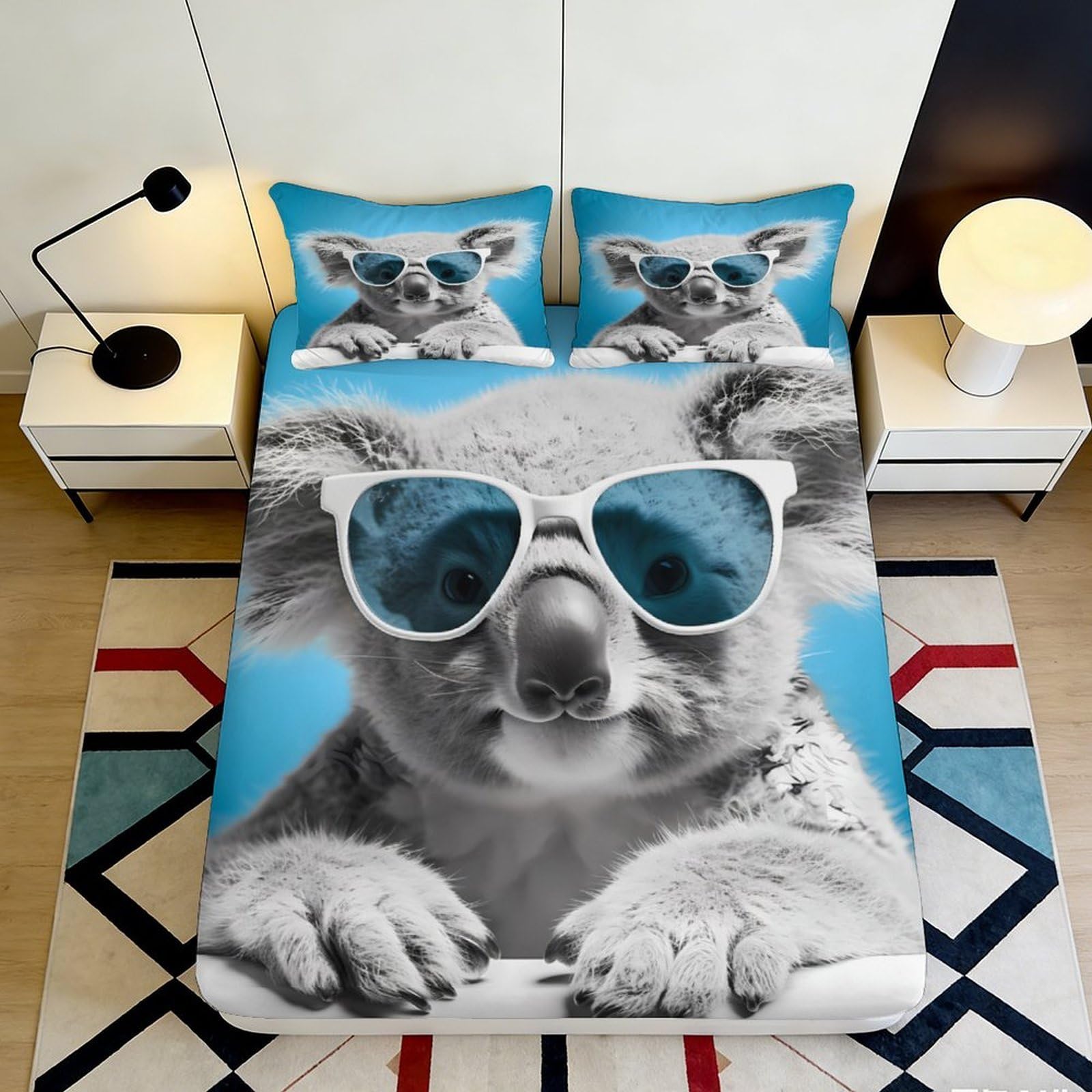 Jqzkxnhpbr Style-9 3D Printed Cool Koala Fitted Sheet Microfiber Soft Blue Sunglasses Mattress Cover For Bedroom Dorm Bed Decor 90X200x25cm