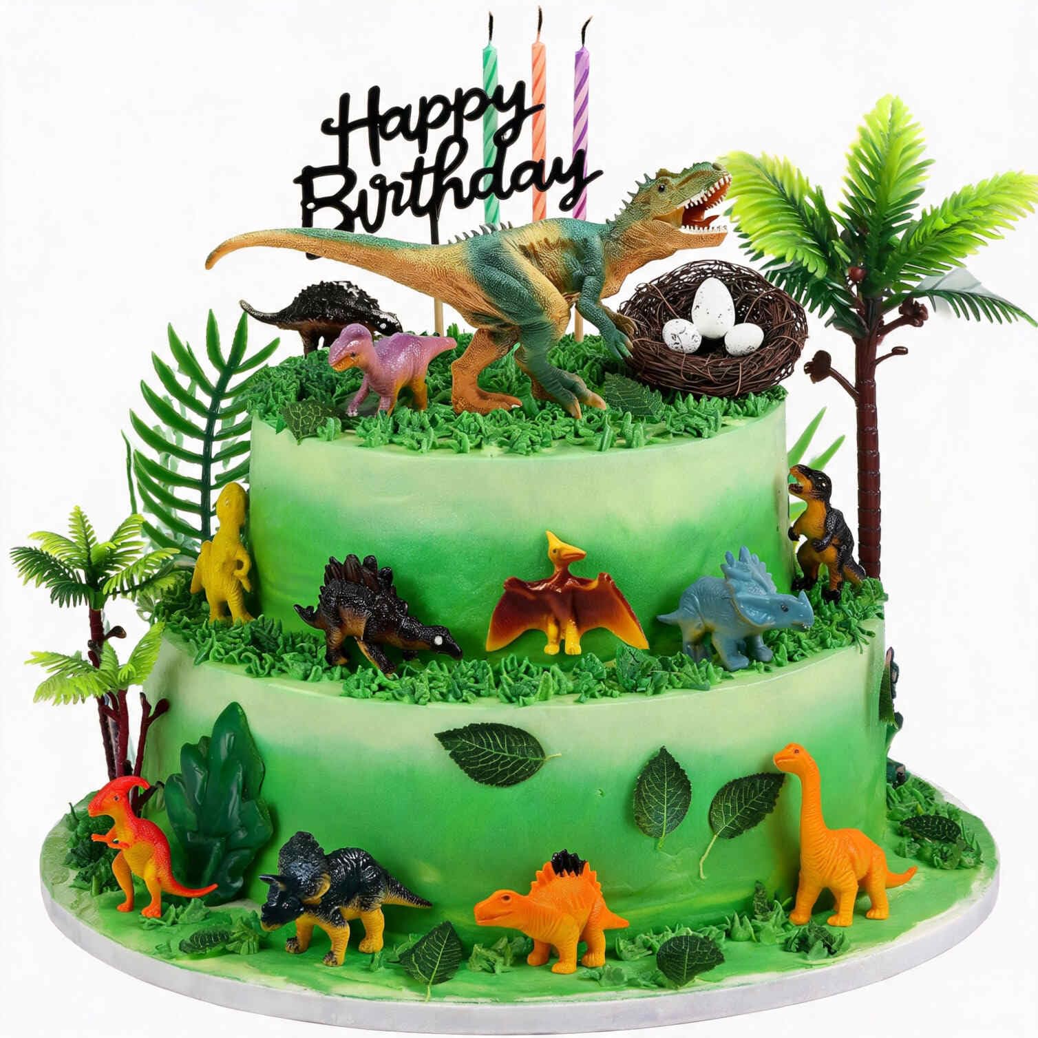 SHIFANQI Dinosaur Cake Toppers for Boys Birthday, 27 PCS Dinosaur Eggs Green Leaves Coconut Trees Cake Decorations For Birthday Party, Wild Animals Kids Party Cake Decorations