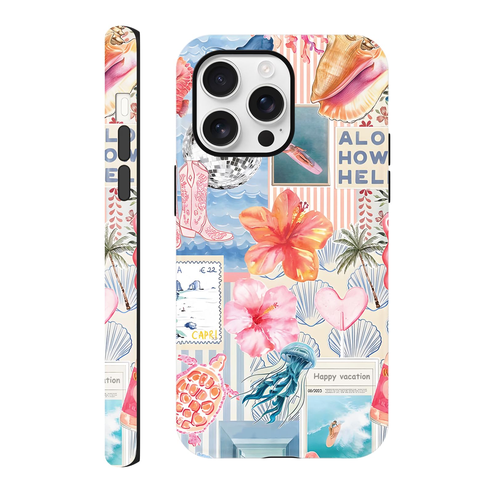 Coque iPhone 16 Pro 6,3 pouces motif collage d'été et fleurs d'hibiscus - 8